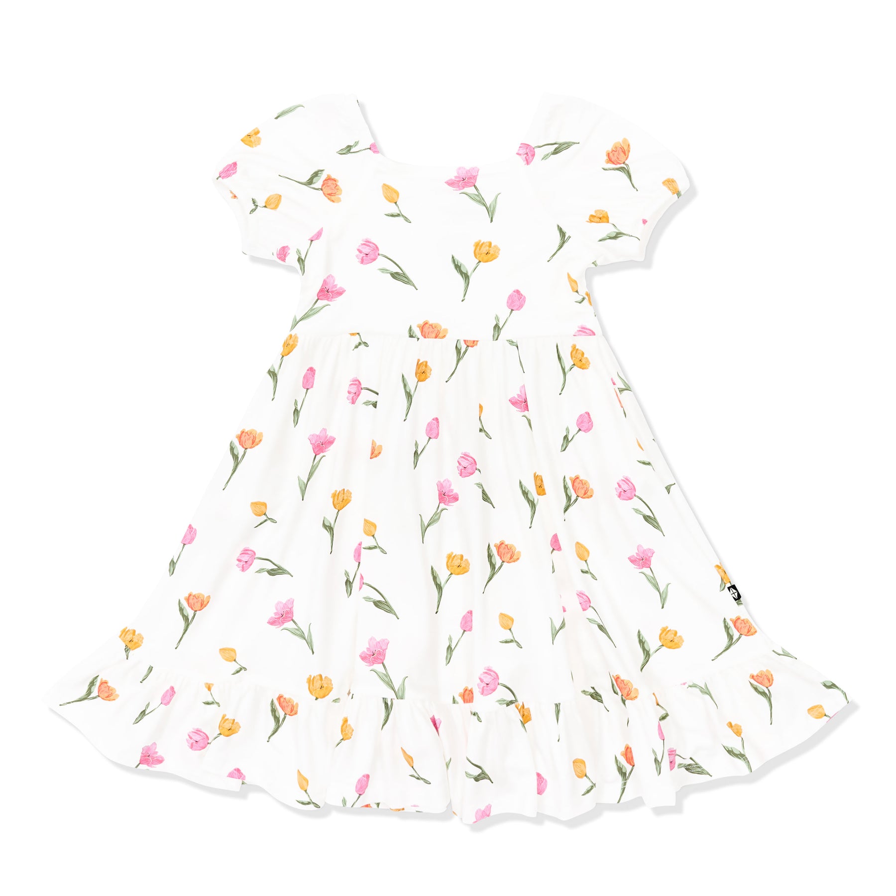 Product photo of the Puff Sleeve Twirl Dress in Tulip shown on a white background