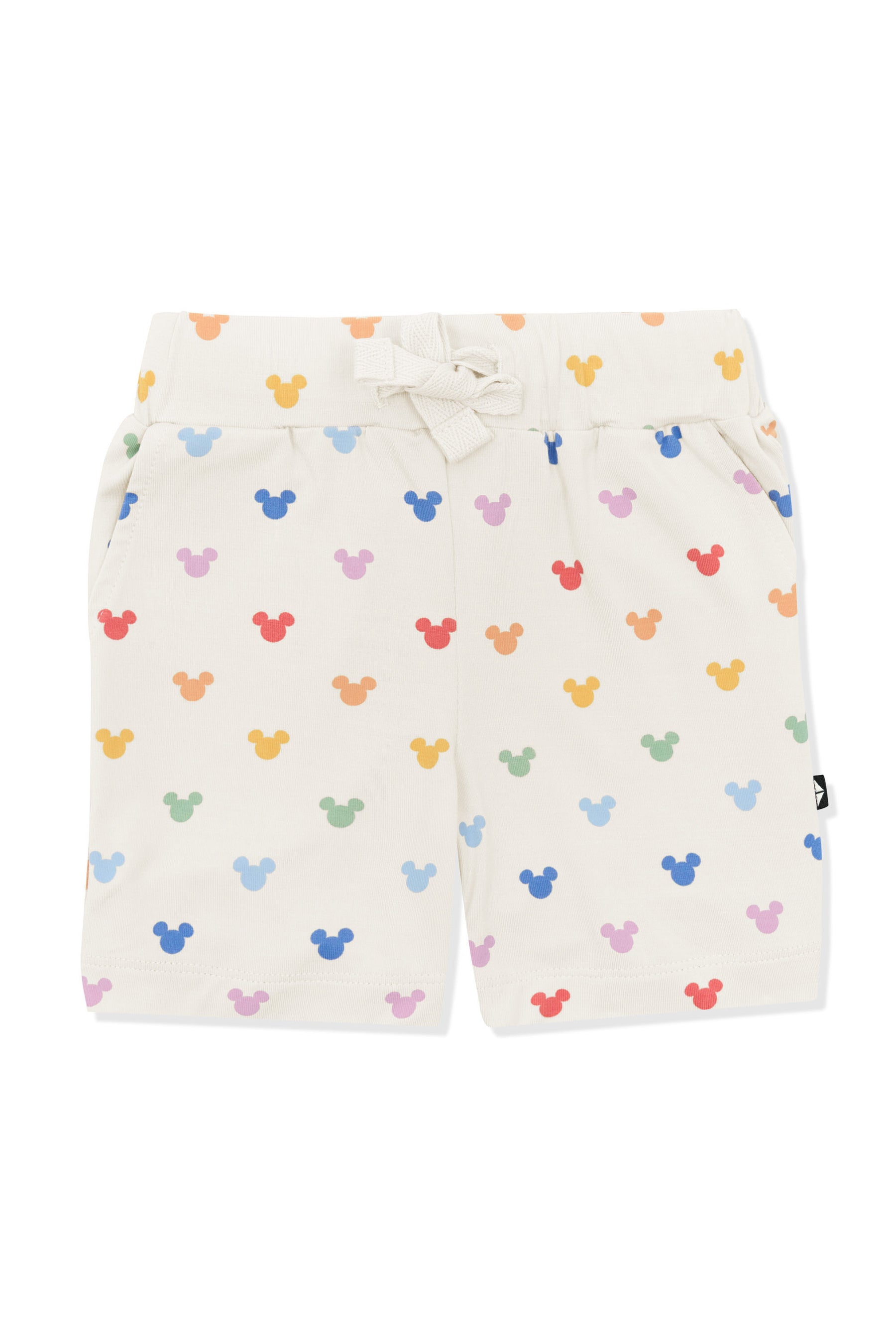 Drawstring short with pastel mickey mouse pattern on an oat background