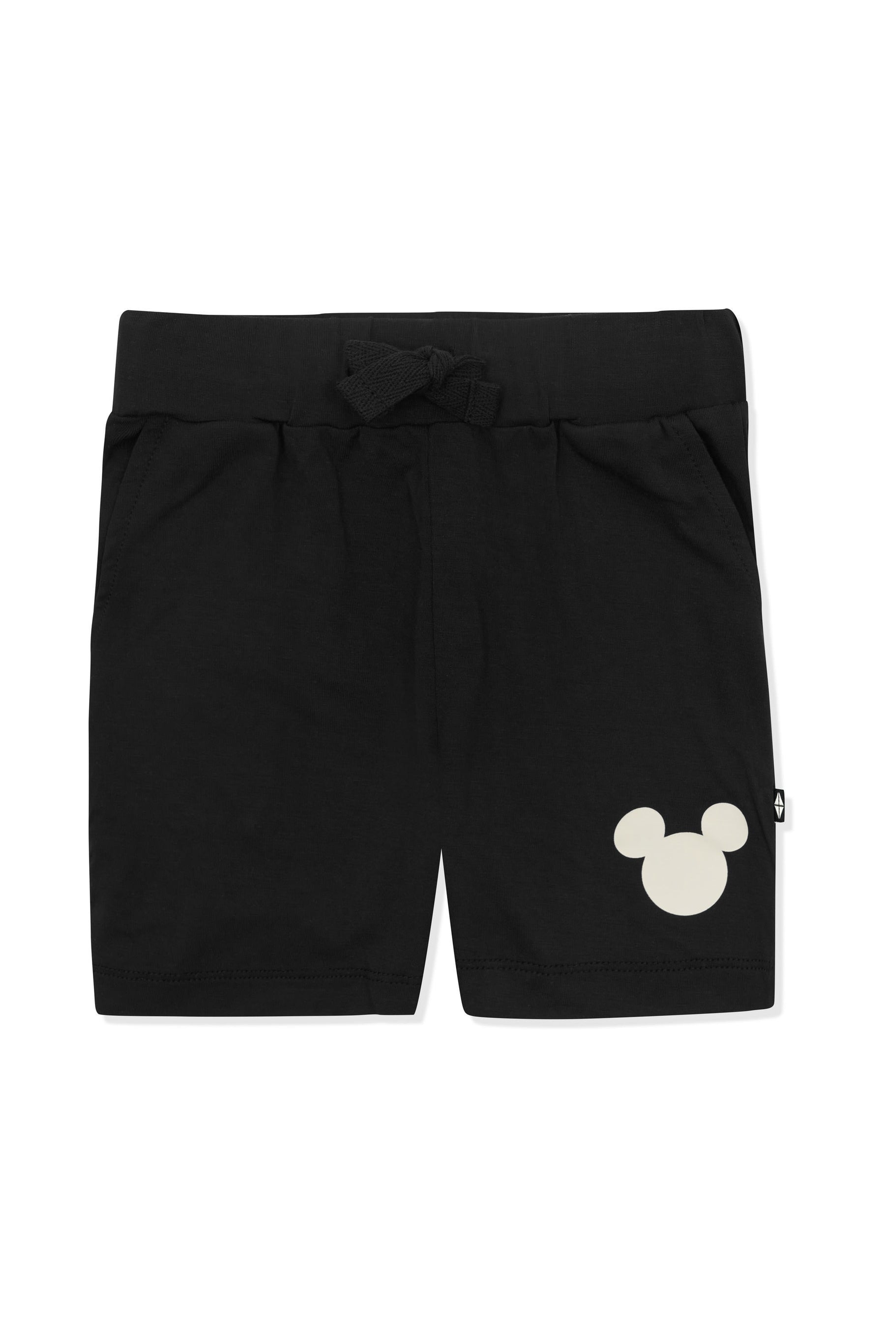 Drawstring short with mickey mouse icon in white on a black background