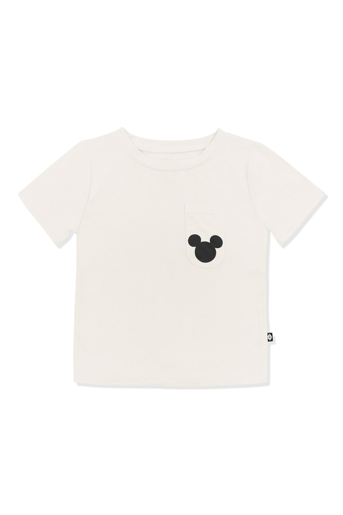 Toddler Crew Neck Tee with black Mickey Mouse icon on Ecru background