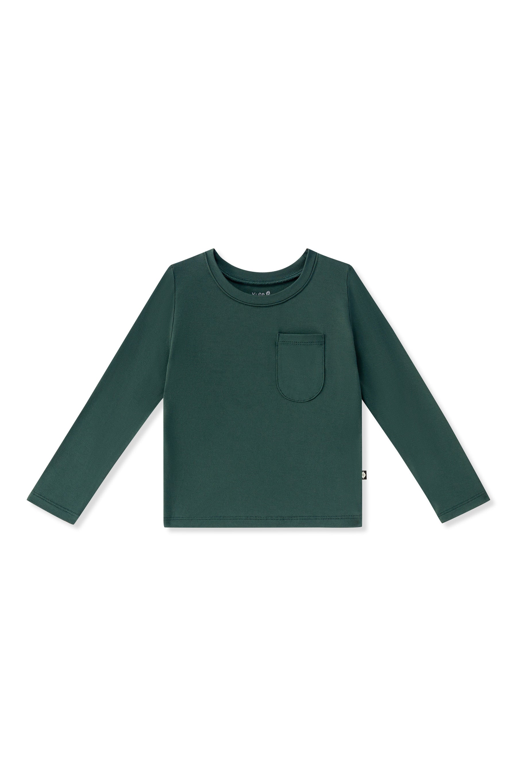 A dark green long-sleeve crewneck shirt with a chest pocket, displayed flat against a plain white background.