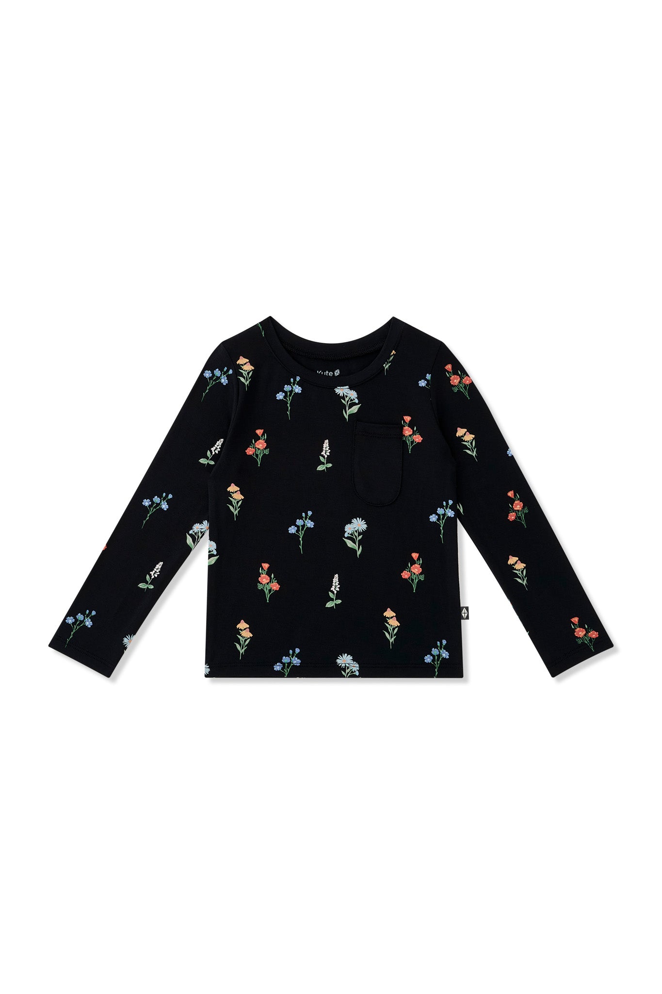 Black Long Sleeve Toddler Crew Neck Tee in Wildflower print on a white background