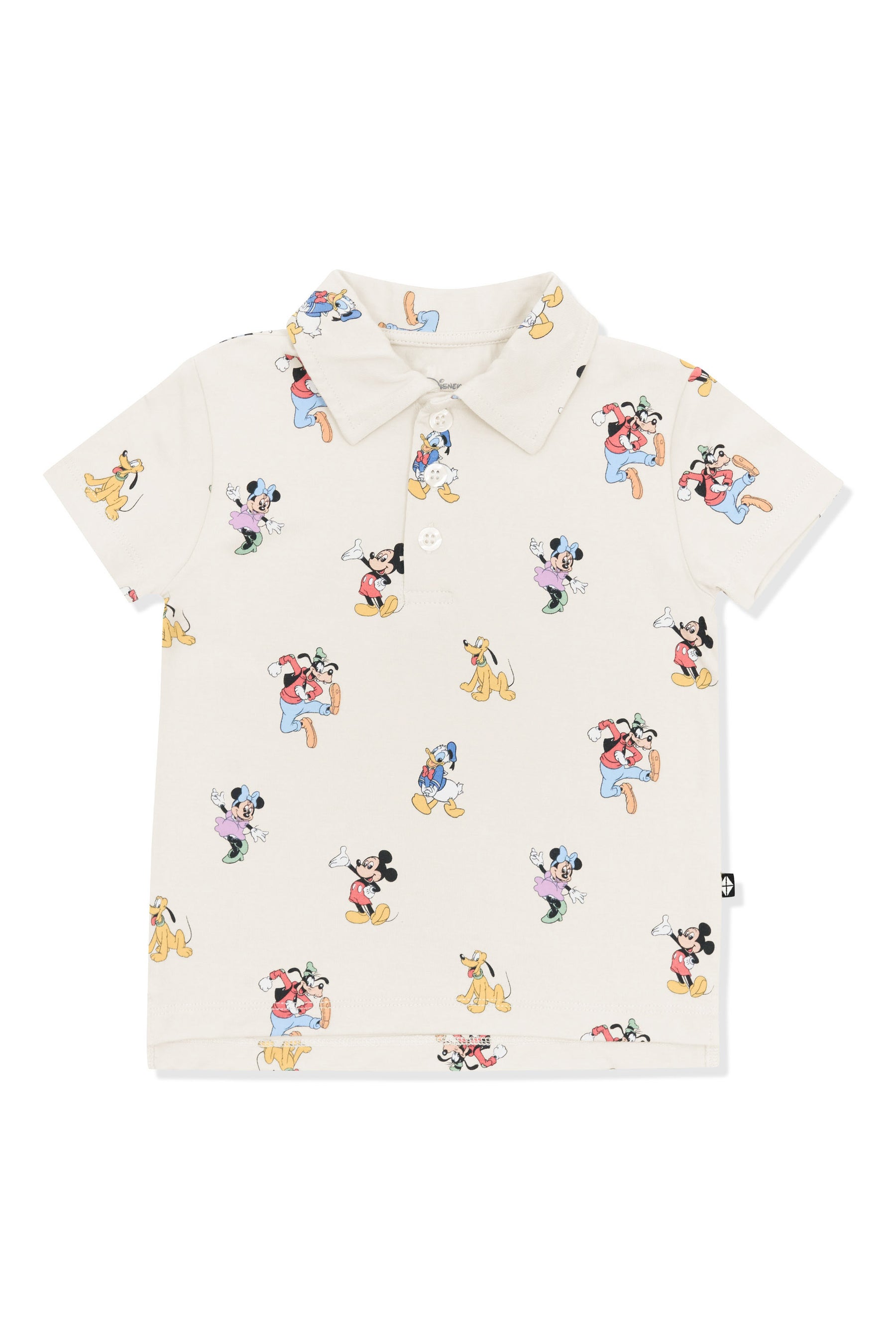 Toddler Short Sleeve Polo with Mickey Mouse and Friends print on an oat background