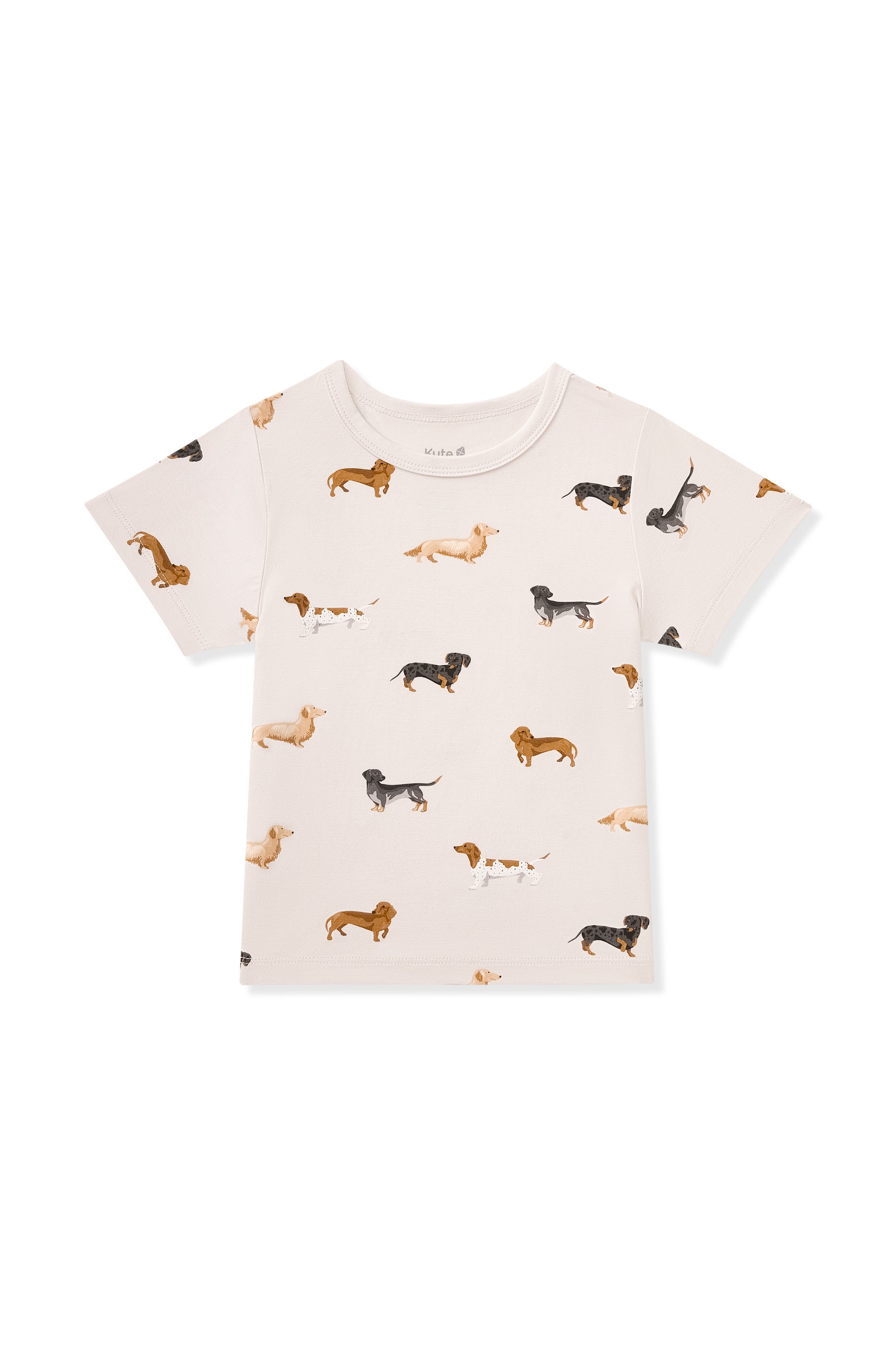 Beige Toddler Basic Tee in Dachshund print on a white background