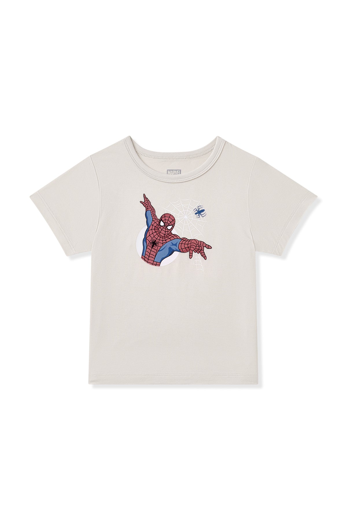 Spider-Man print in the center of Oat Toddler Basic Tee on a white background