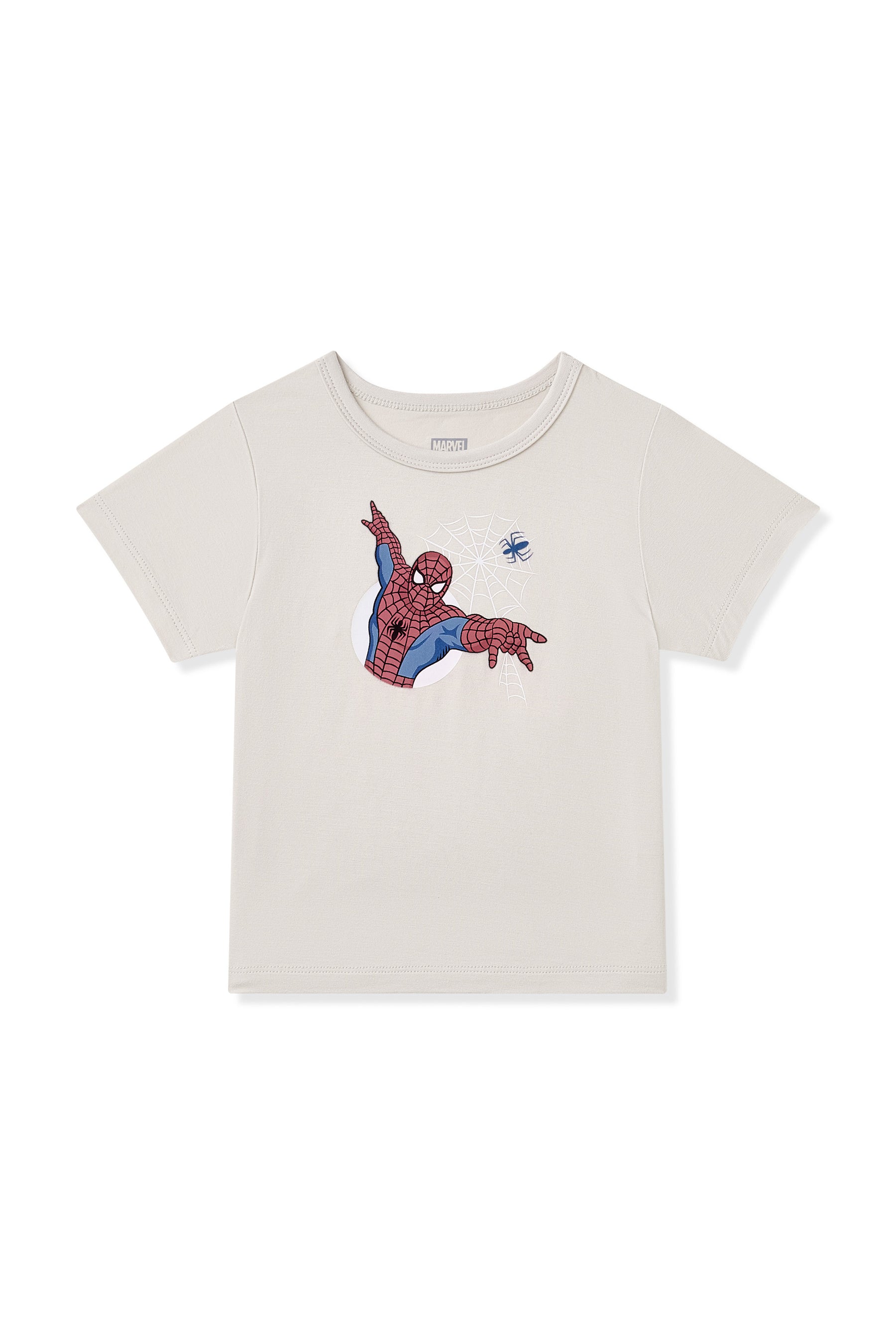 Spider-Man print in the center of Oat Toddler Basic Tee on a white background