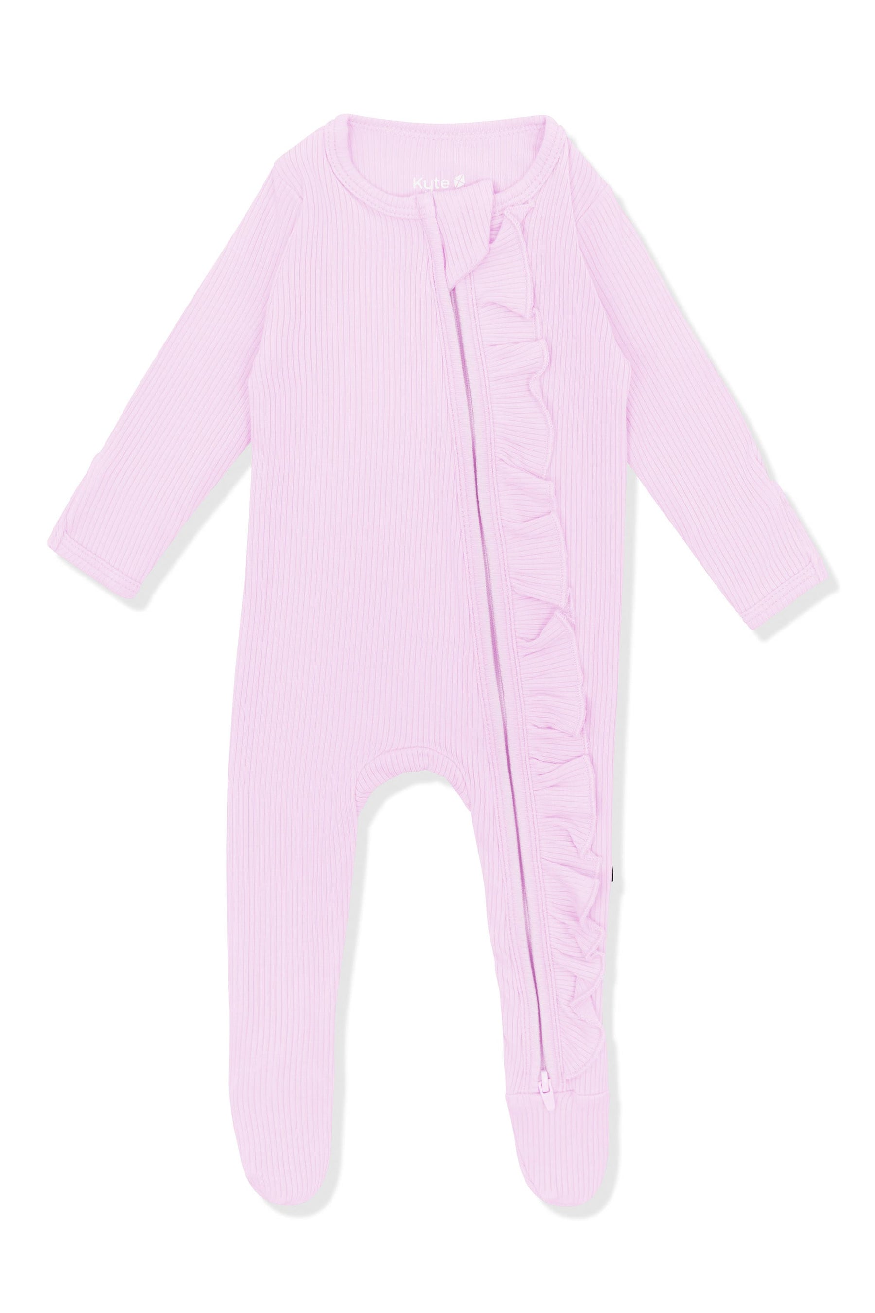 Product photo of the Ribbed Ruffle Zipper Footie in Thistle on a white surface