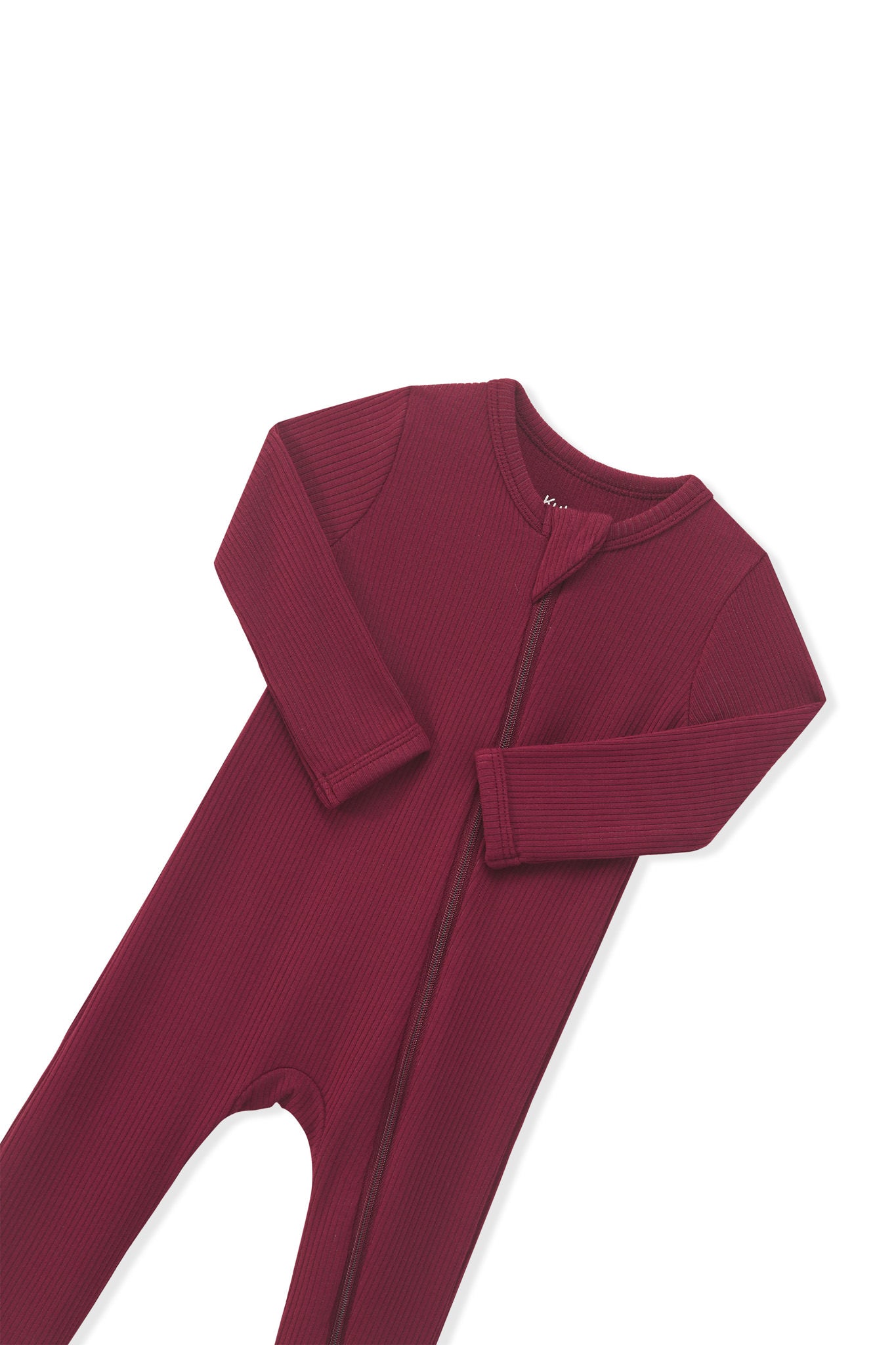 Zipper garage and fold over hand cuffs shown on the Ribbed Zipper Romper in Burgundy on a white background