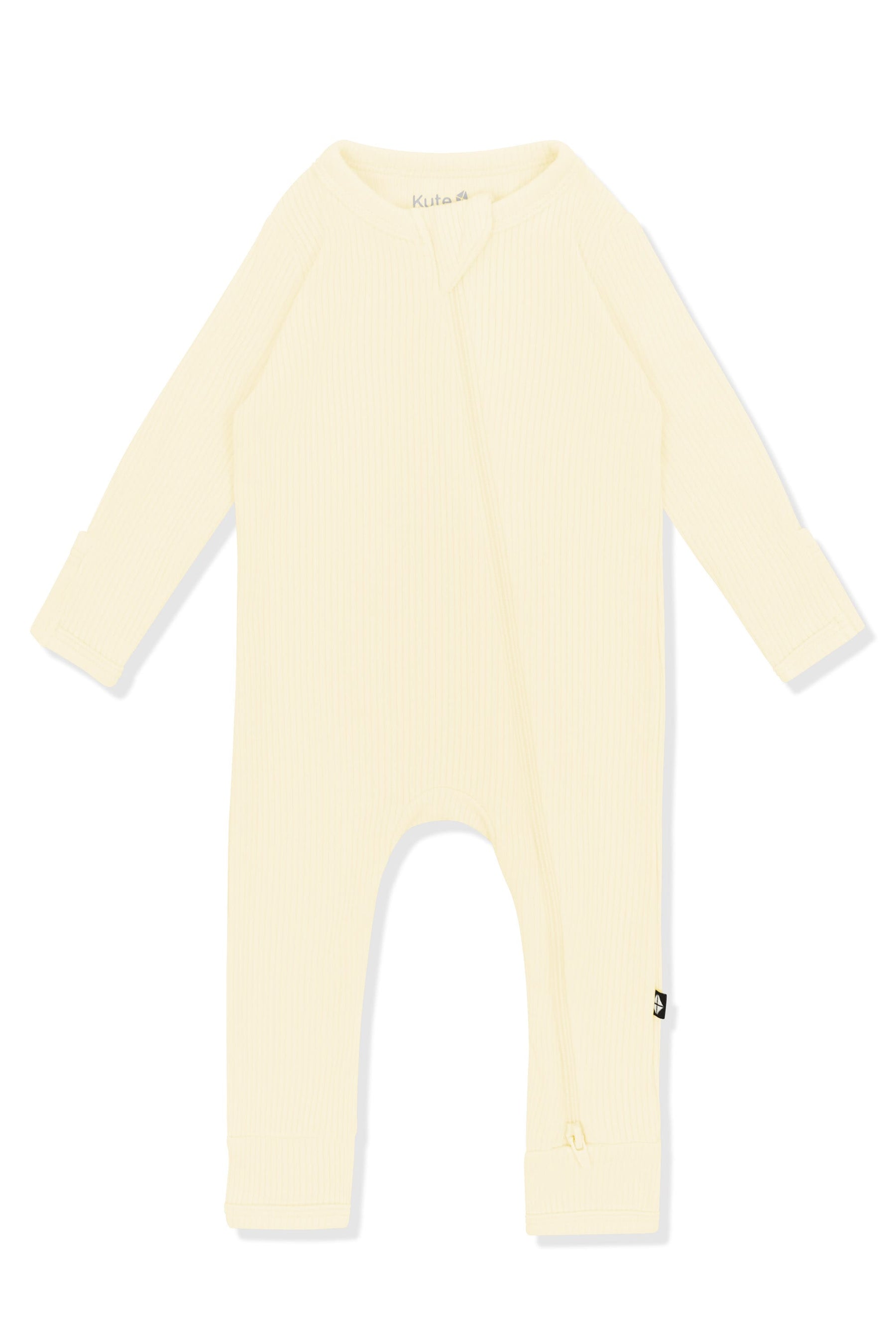 Product photo of the Ribbed Zipper Romper in Chamomile on a white background