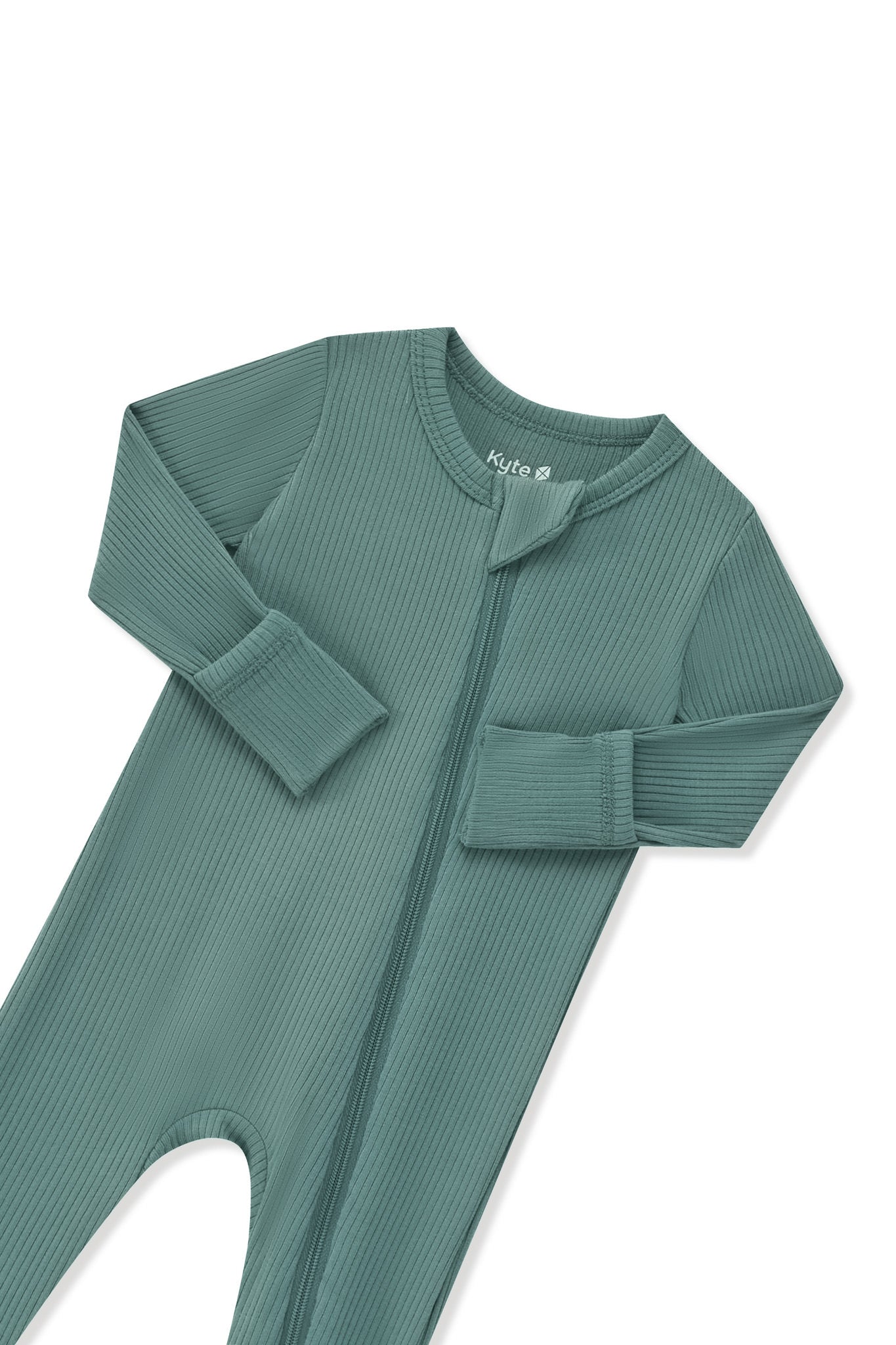 Zipper garage and fold over hand cuffs shown on the Ribbed Zipper Romper in Pine on a white background