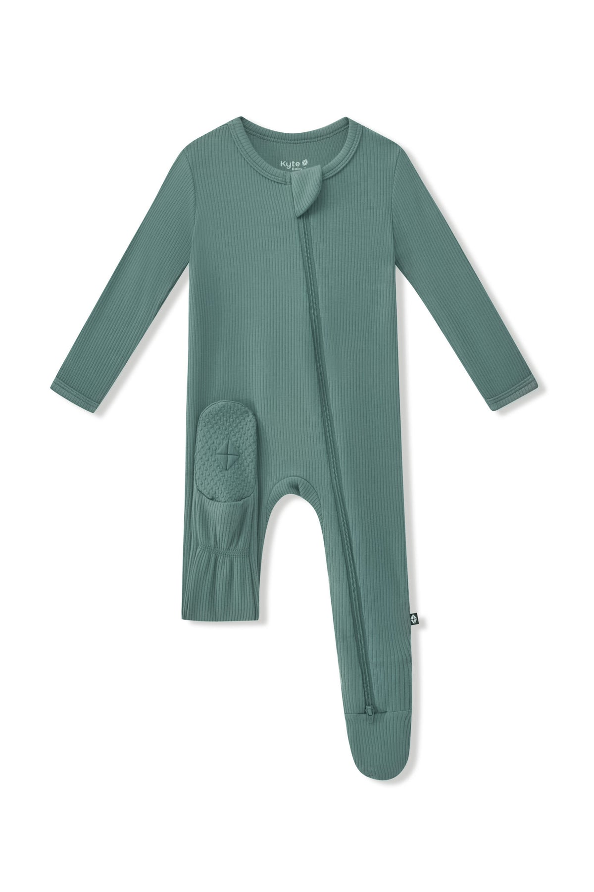 Ribbed Zipper Footie in Pine with dotted footie on a white background