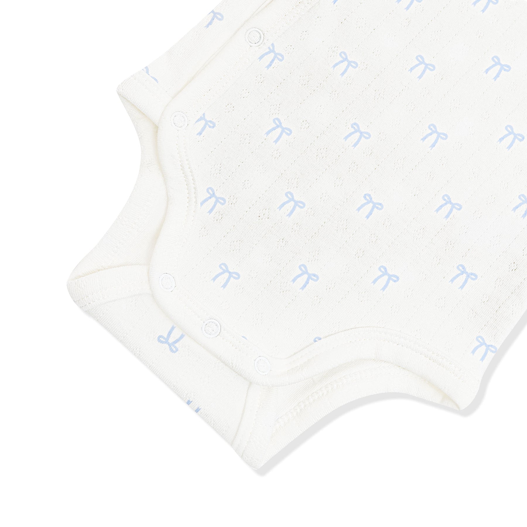 Close up of the snap closure on the inseam shown on the Pointelle Kimono Bodysuit in Sweet Blue Bow