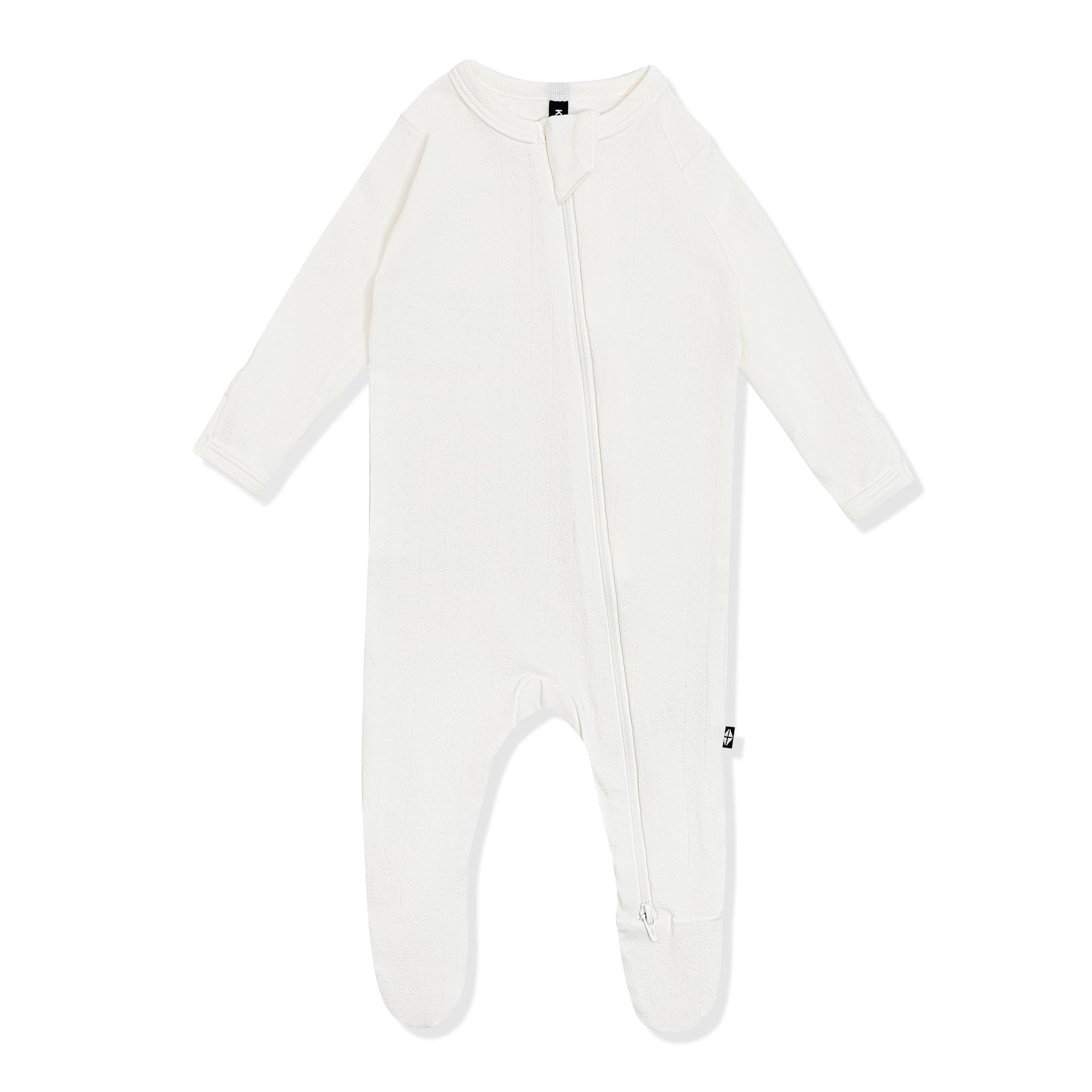 Pointelle Zippered Footie in Cloud on a white surface