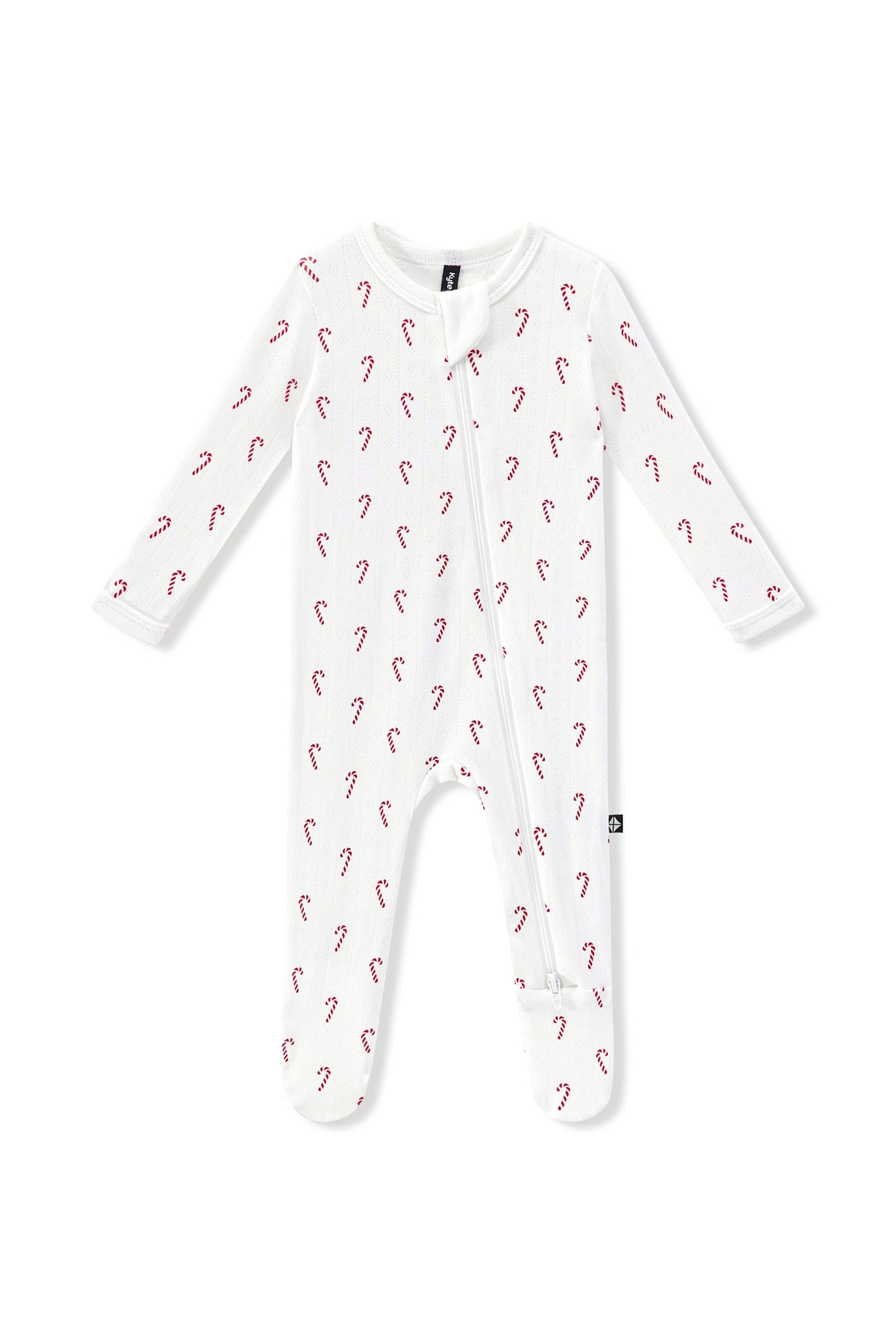 Pointelle Zippered Footie in Candy Cane on a white background