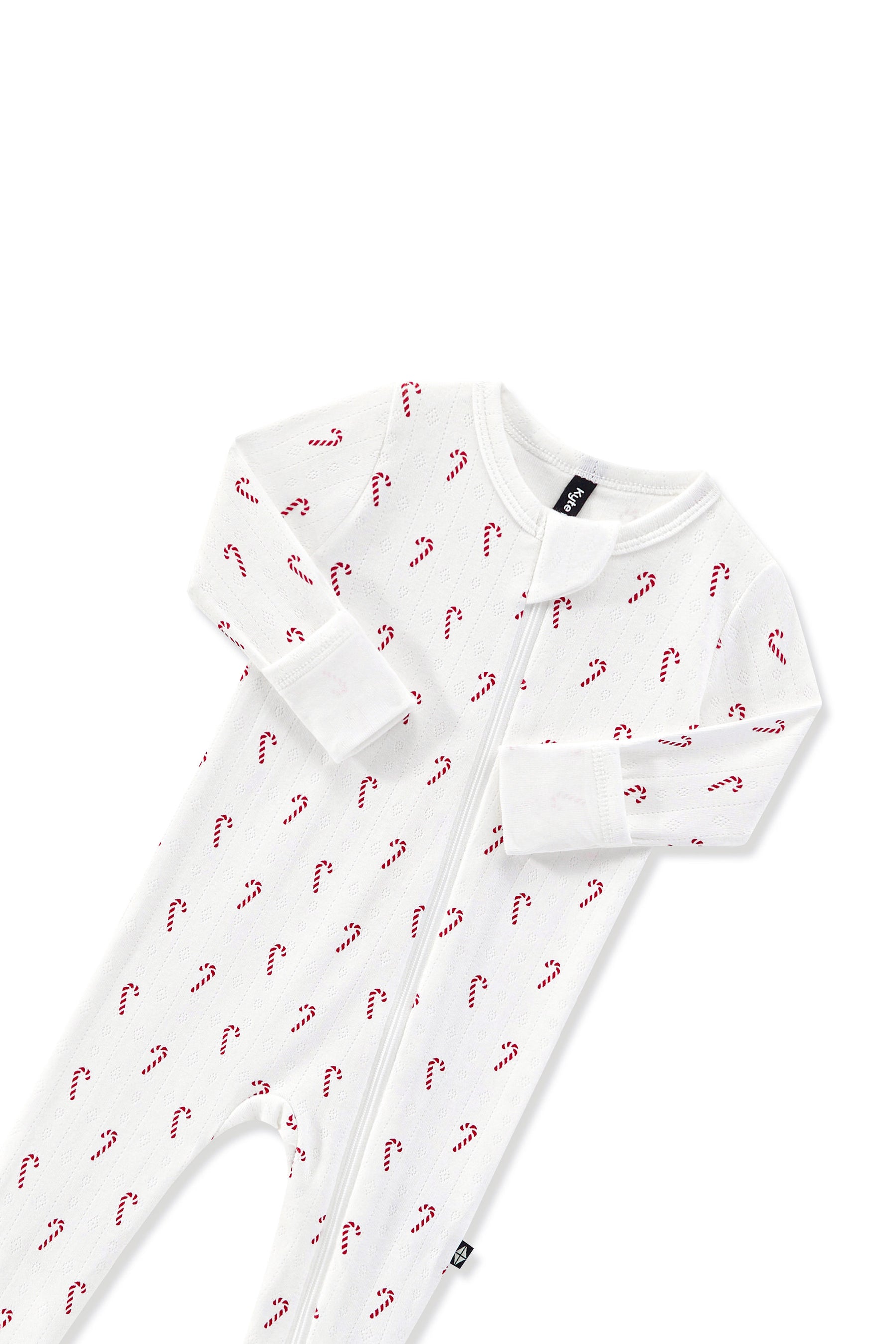 Pointelle Zippered Footie in Candy Cane with zipper garage on a white background