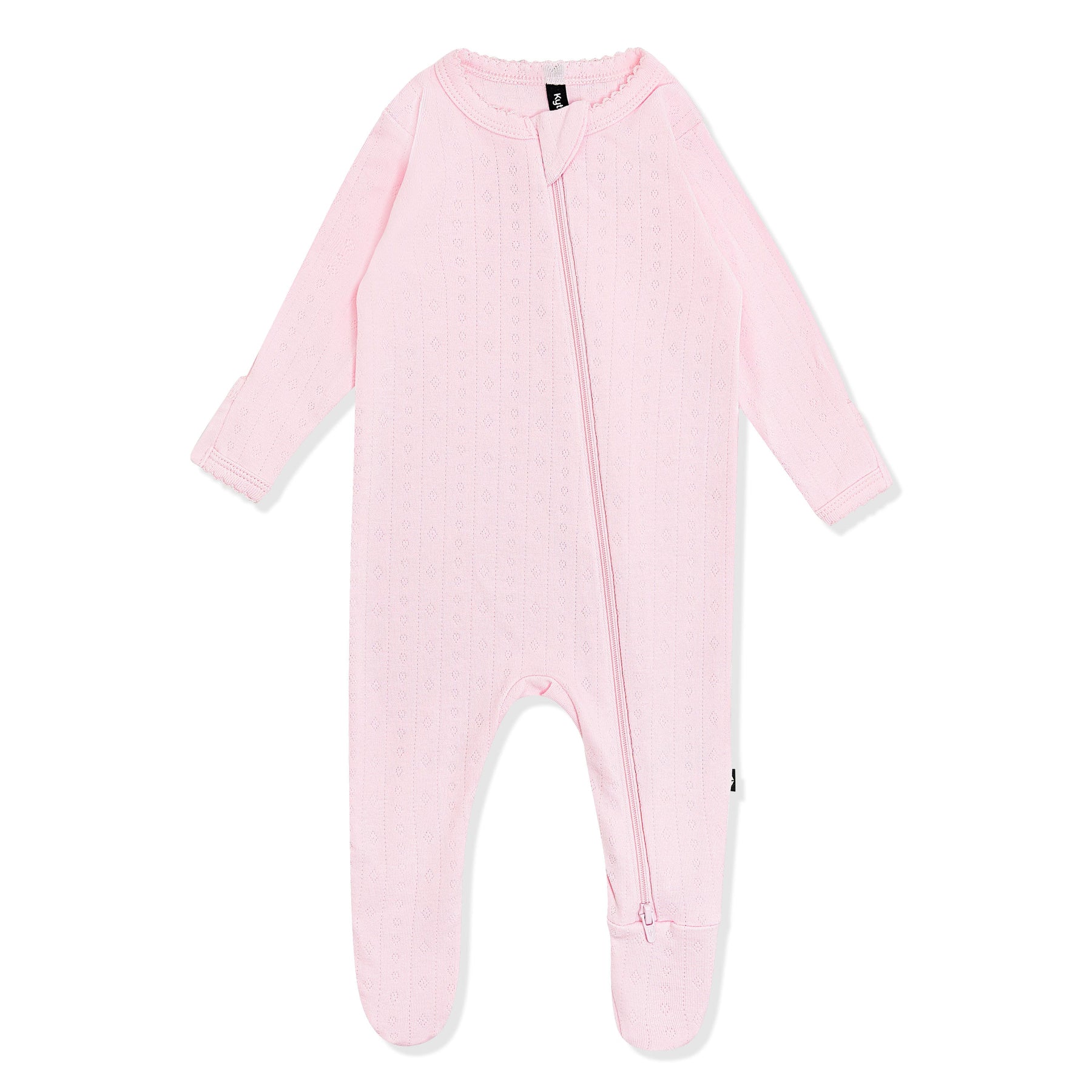 Pointelle Zippered Footie in Sakura showing the picot trim on a white surface