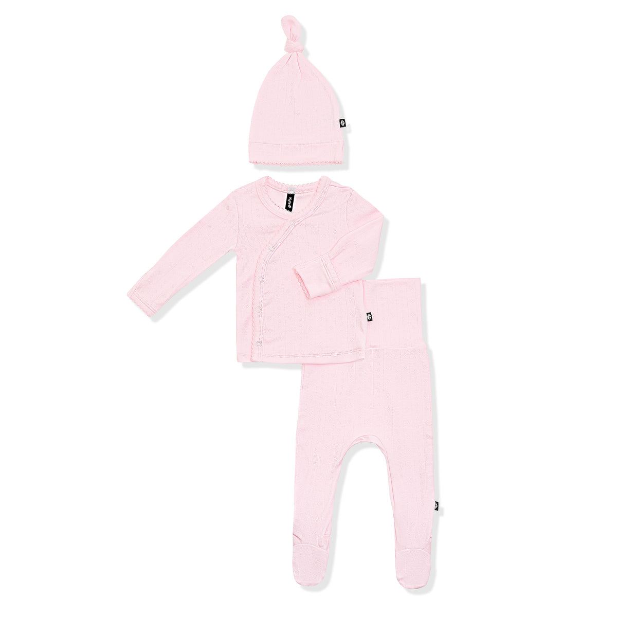 Product photo of the Pointelle Take Me Home Set with Cap in Sakura showing the picot trim on a white background