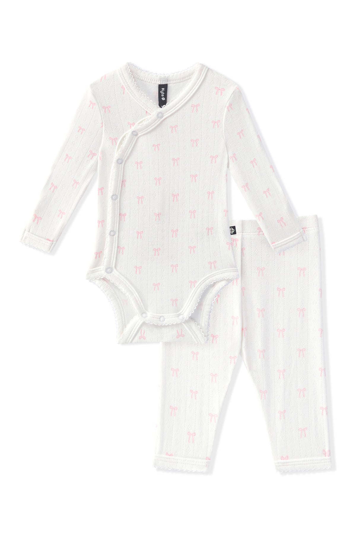 White Pointelle Kimono Set in Sweet Pink Bow print on a white background