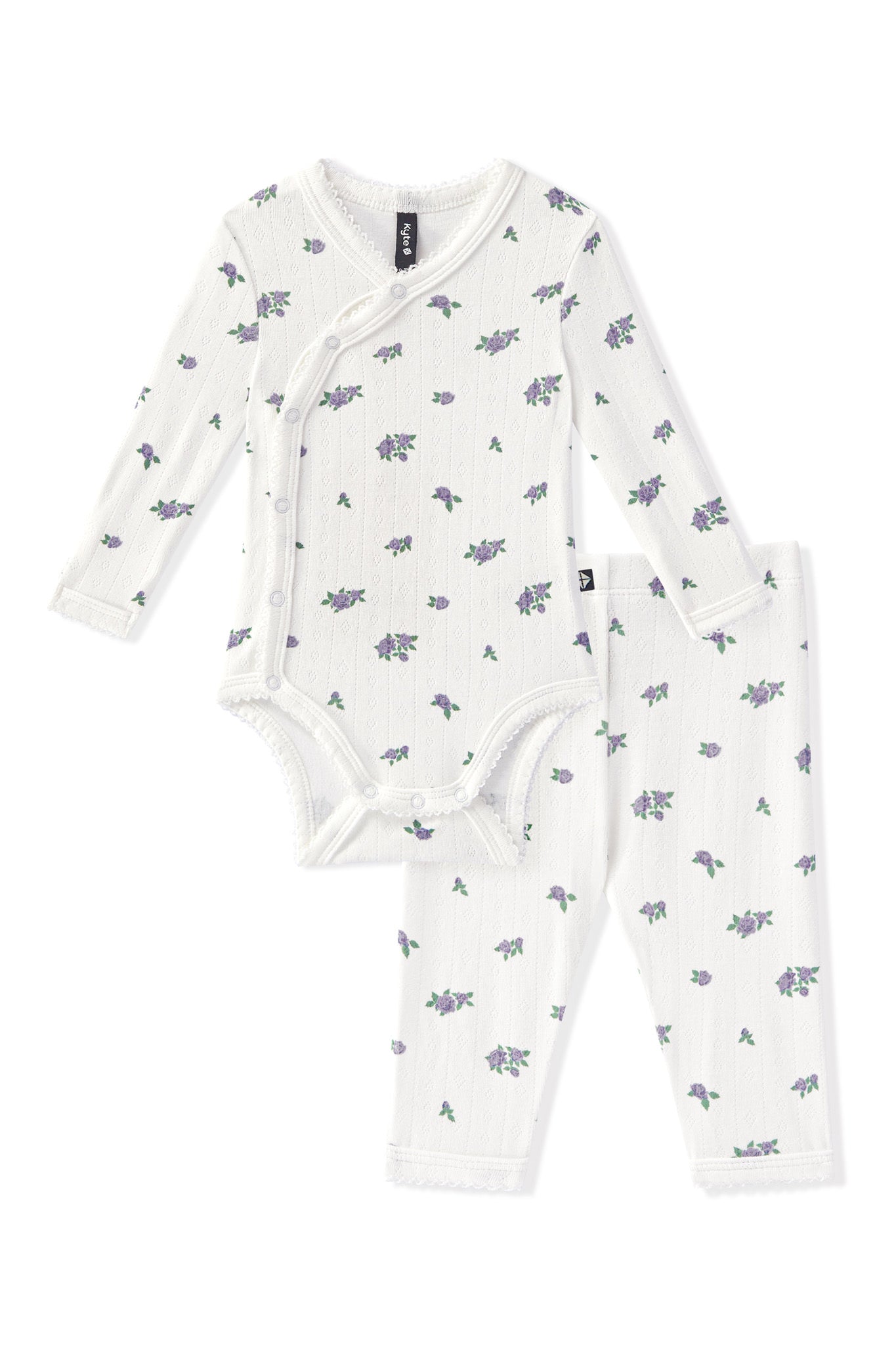 White Pointelle Kimono Set in Spray Rose print on a white background