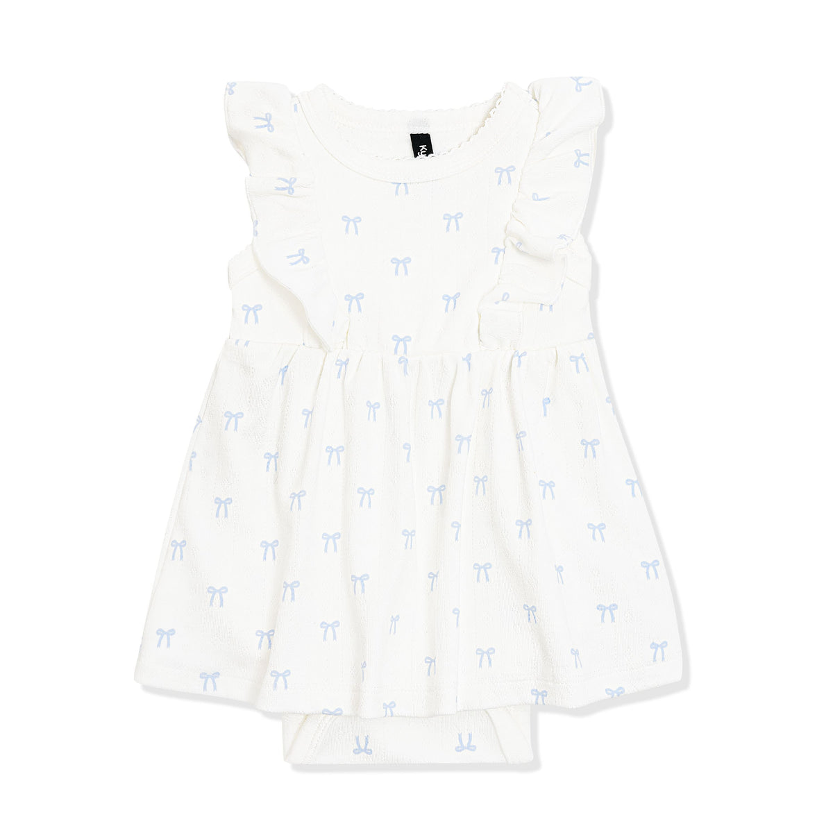 Pointelle Bodysuit Dress in Sweet Blue Bow showing the picot trim on a white surface