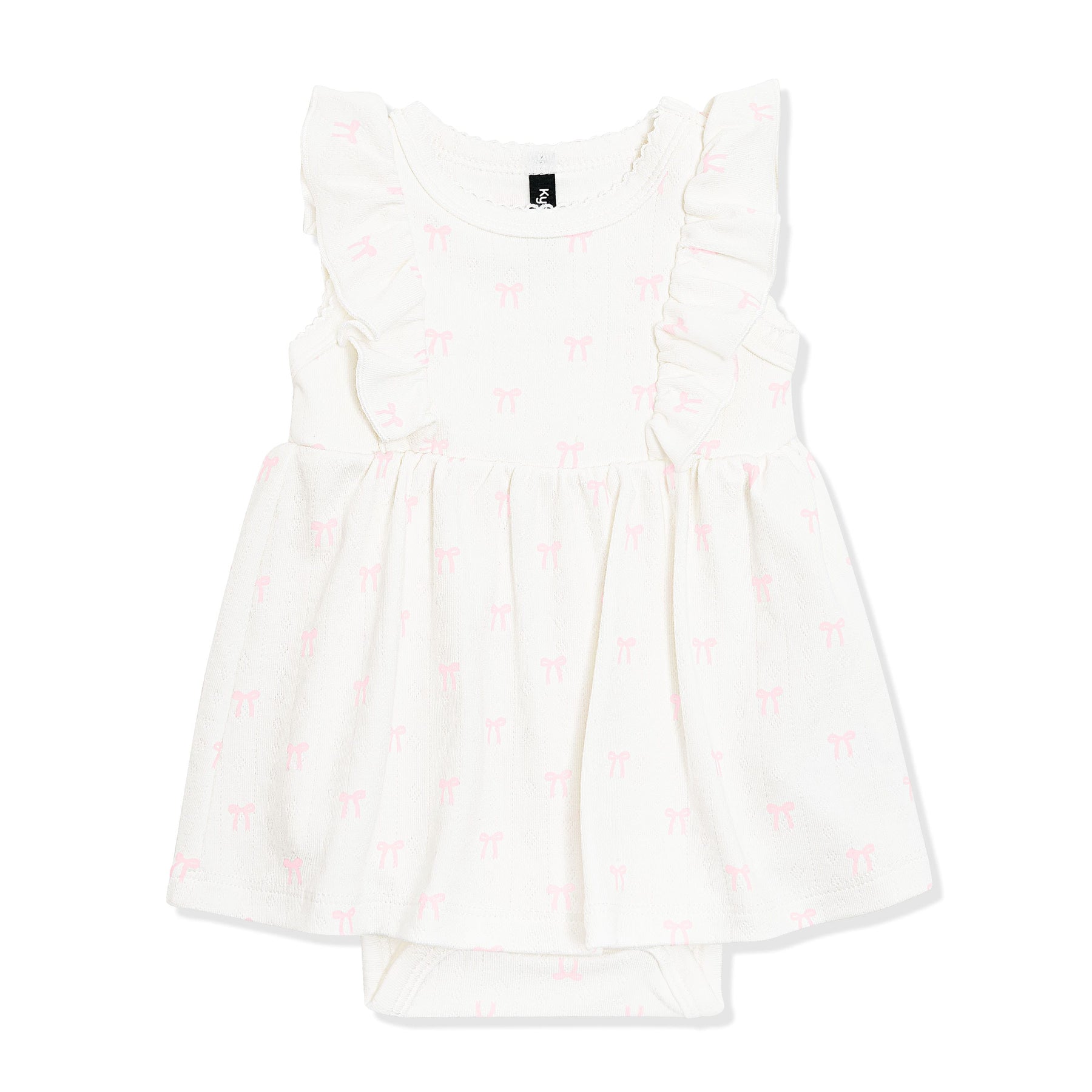 Pointelle Bodysuit Dress in Sweet Blue Bow showing the picot trim on a white surface