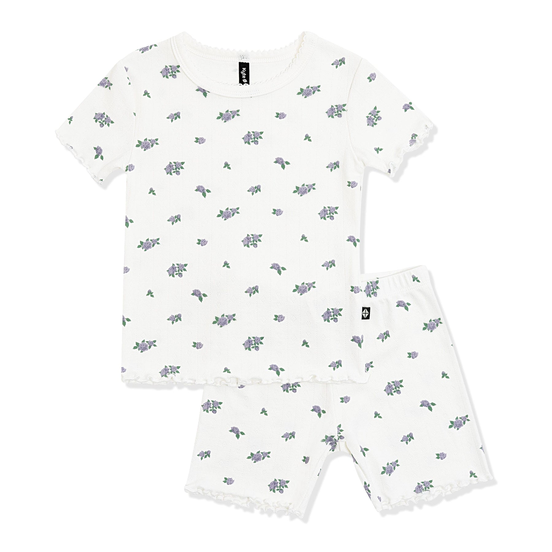 Pointelle Short Sleeve Set in Spray Rose showing the picot neck trim and lettuce arm and leg edges