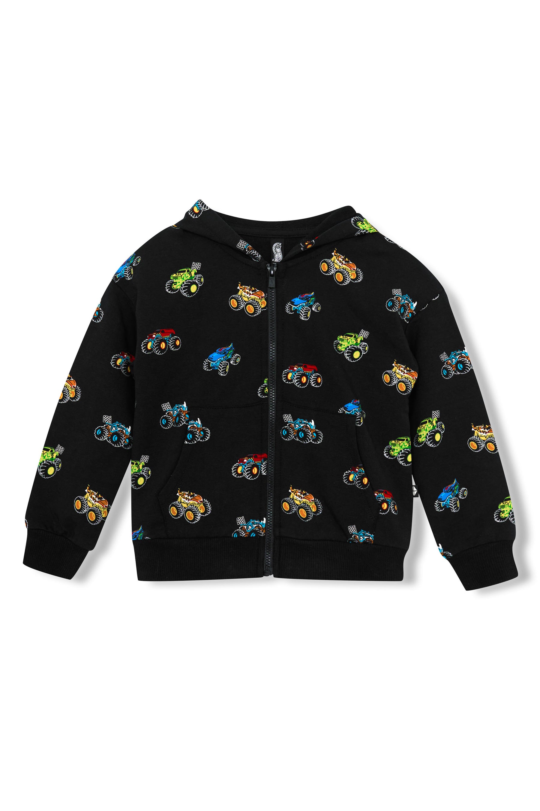 Zip-Up Hoodie in Monster Truck print on white background