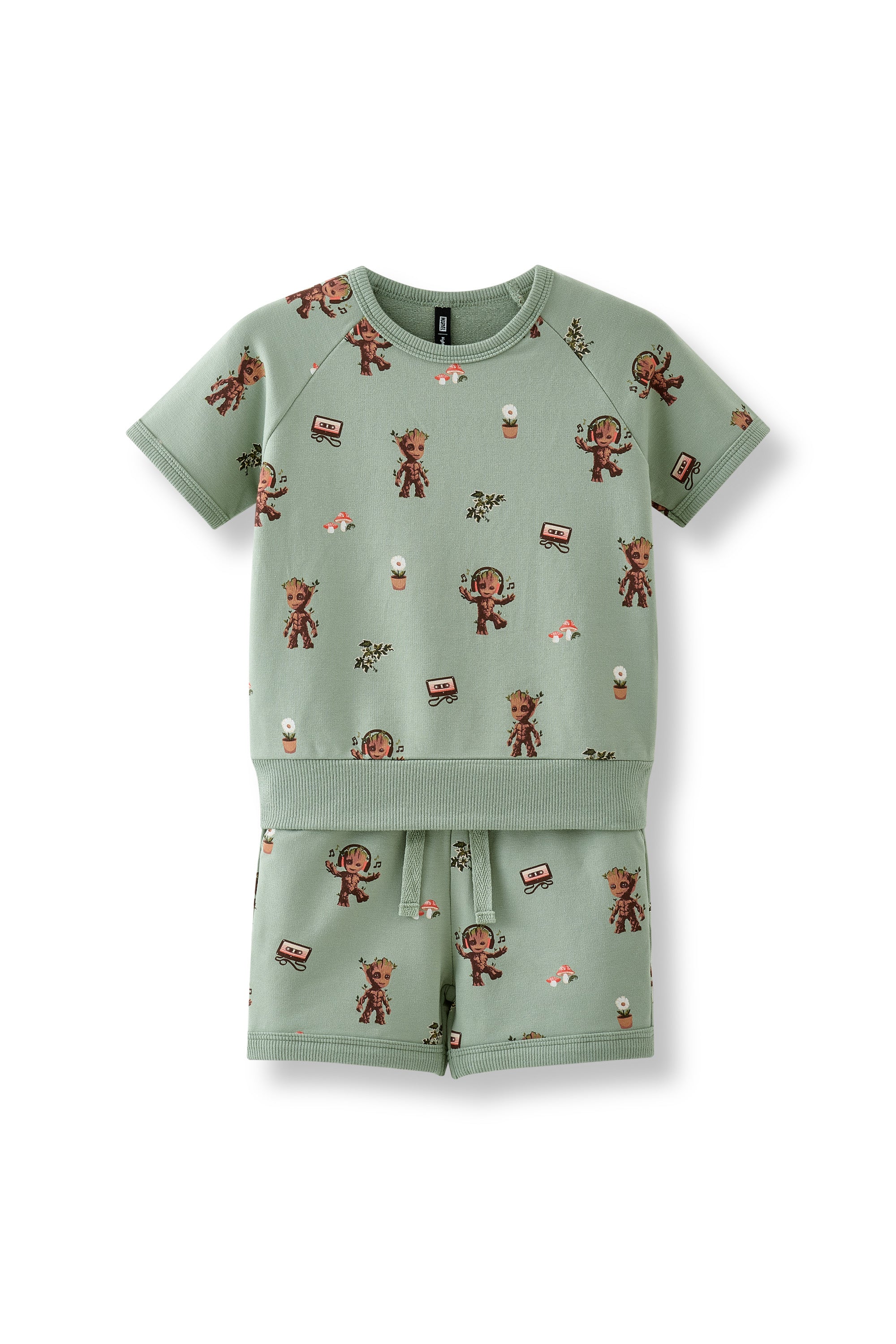 Short Sleeve Jogger Set in Groot print on a white background