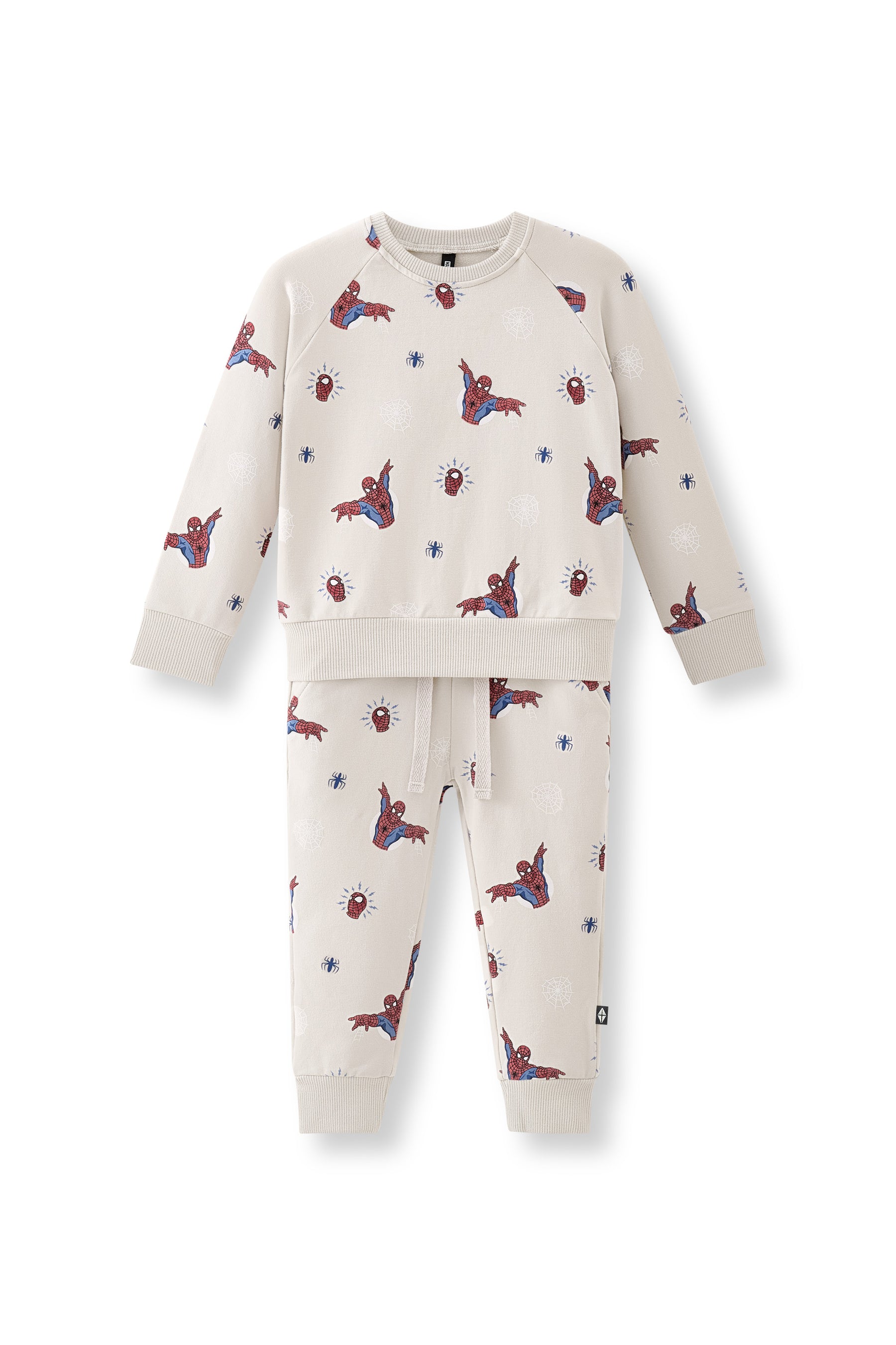Oat Long Sleeve Jogger Set with Spider-Man print on a white background