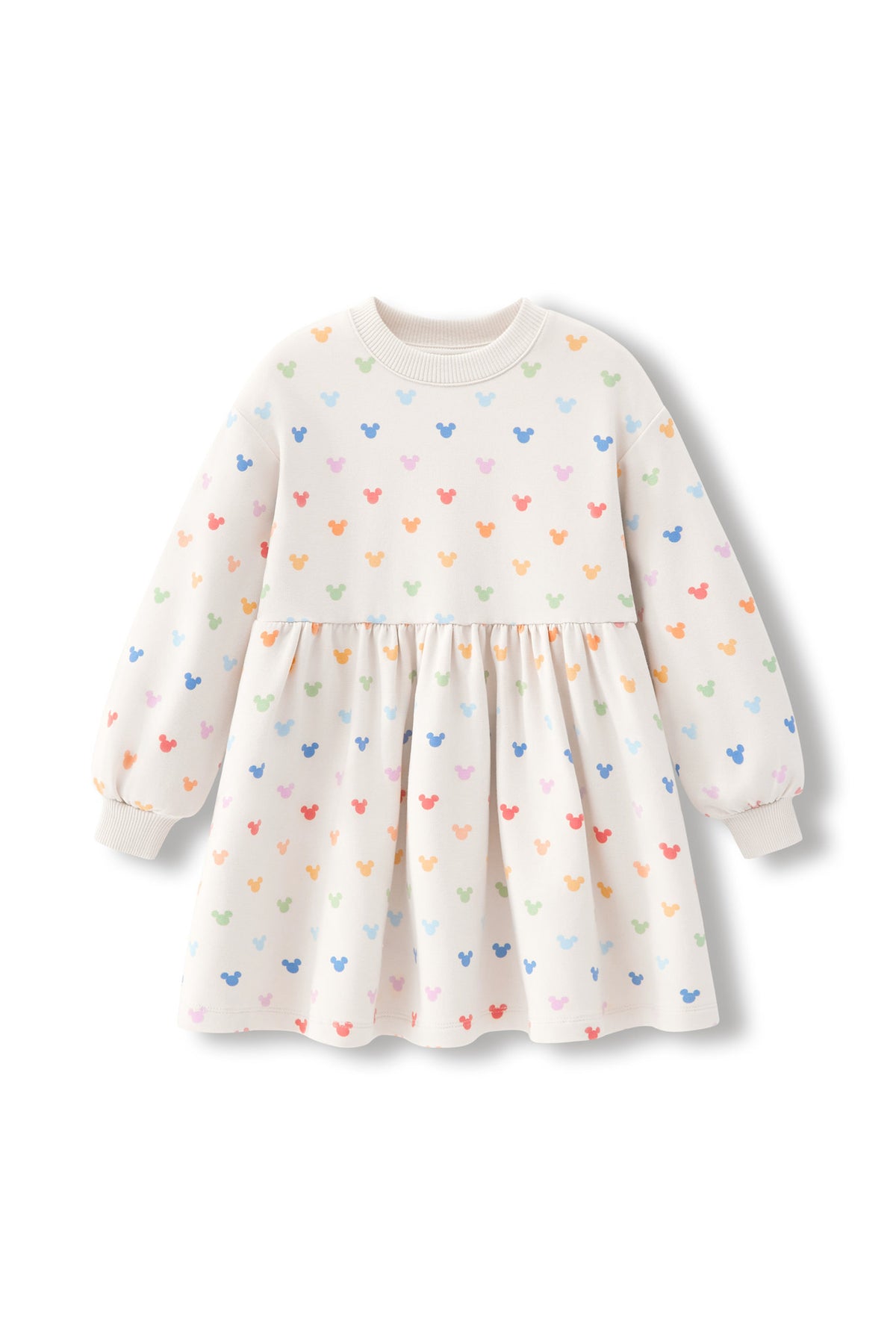 A long-sleeve baby dress in cream with a colorful pattern of small mickey heads in pastel shades of blue, pink, orange, and green, displayed on a clean white background.