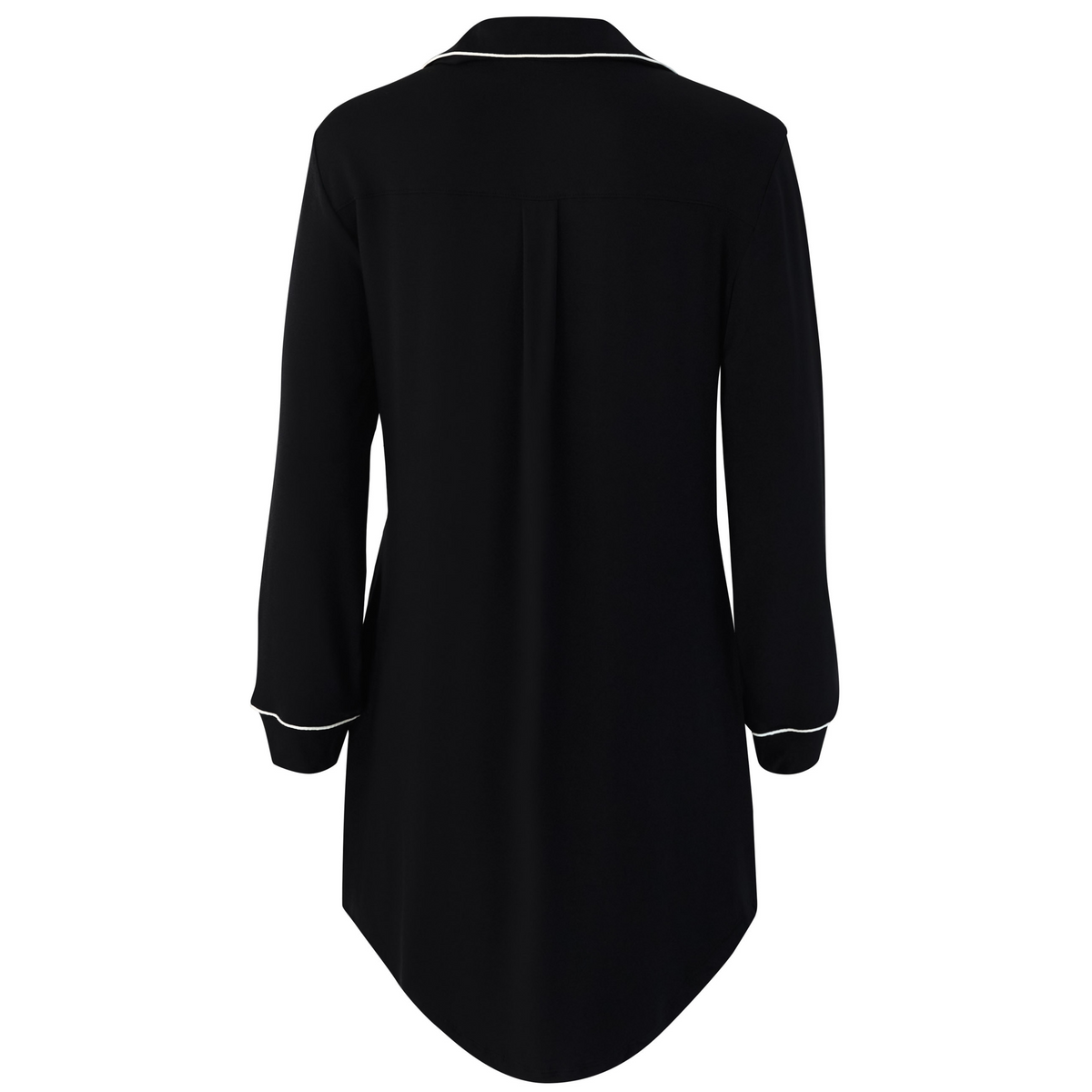 Black night shirt with white trim on a white background