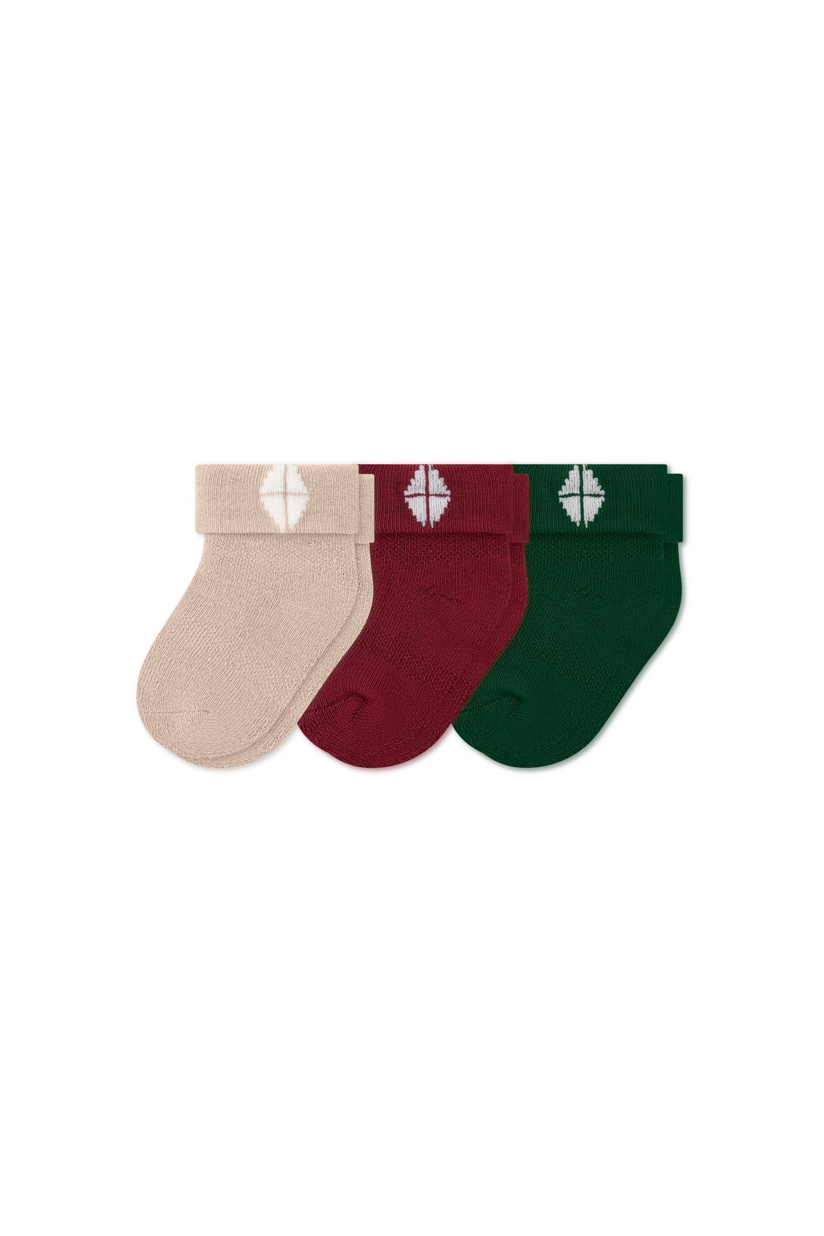 Baby 3-Pack Socks in Holiday set includes: Bisque, Ruby and Forest shown on a white background