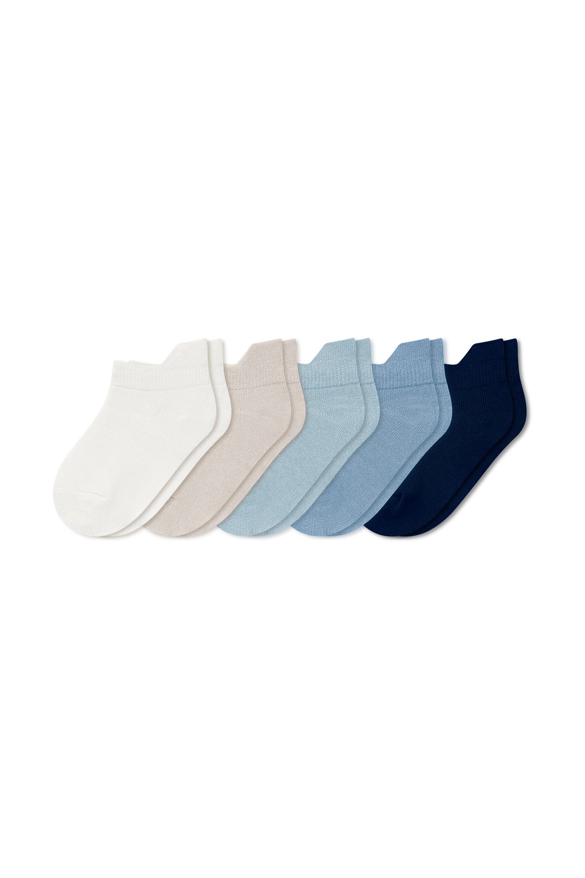 Five pairs of ankle socks in Nay, Slate, Fog, Oat, and Cloud laying flat on a white background.
