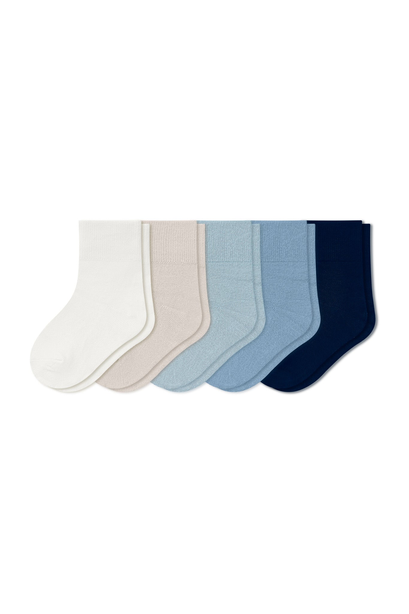 Quarter Socks Combo 5-Pack in Nay, Slate, Fog, Oat, and Cloud laying flat on a white background.