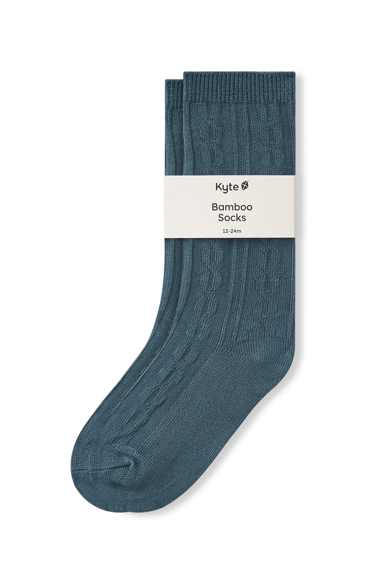 Knee high socks in atlantic laying flat on a white background.