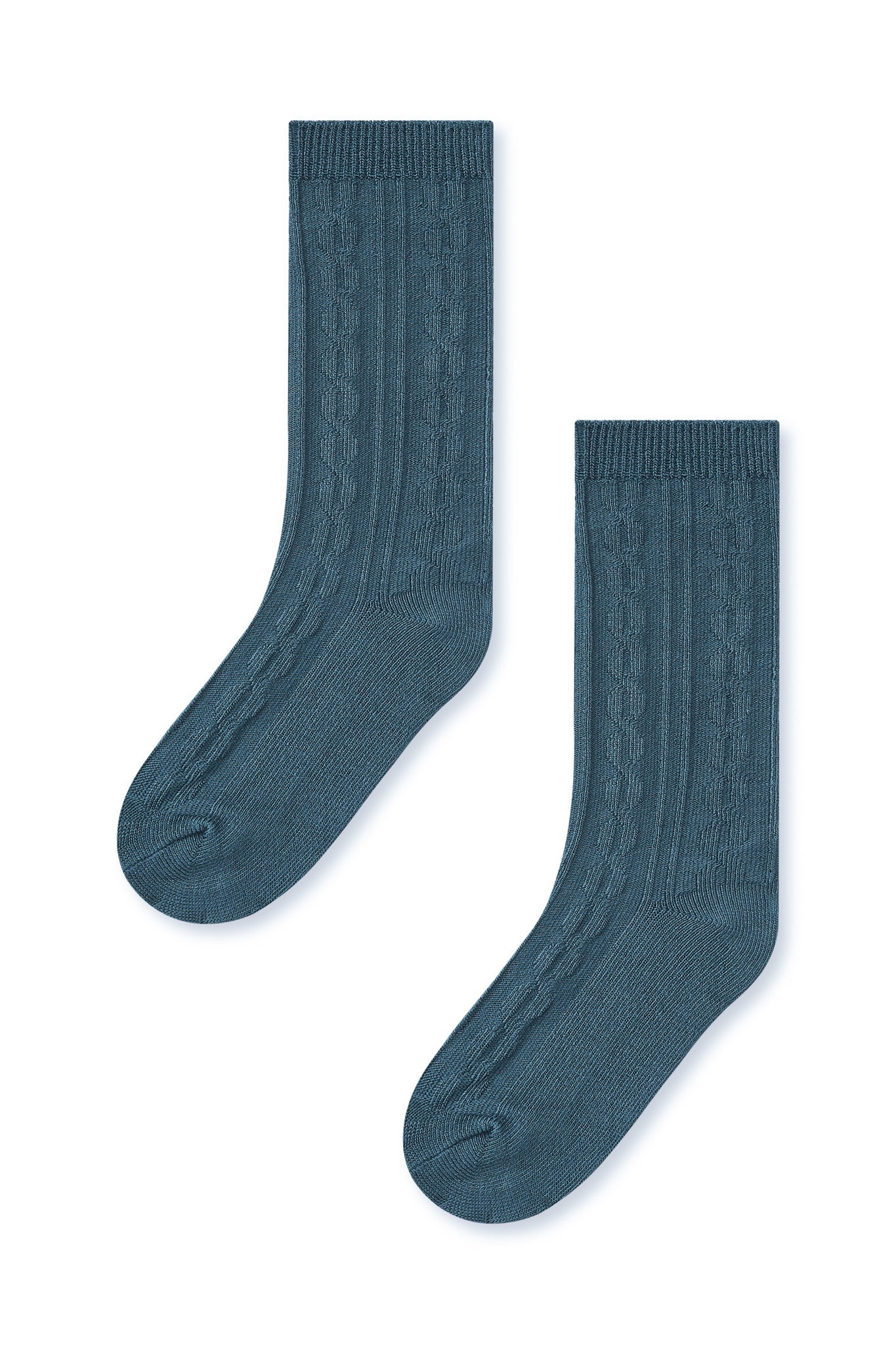 Knee high socks in atlantic laying flat on a white background.