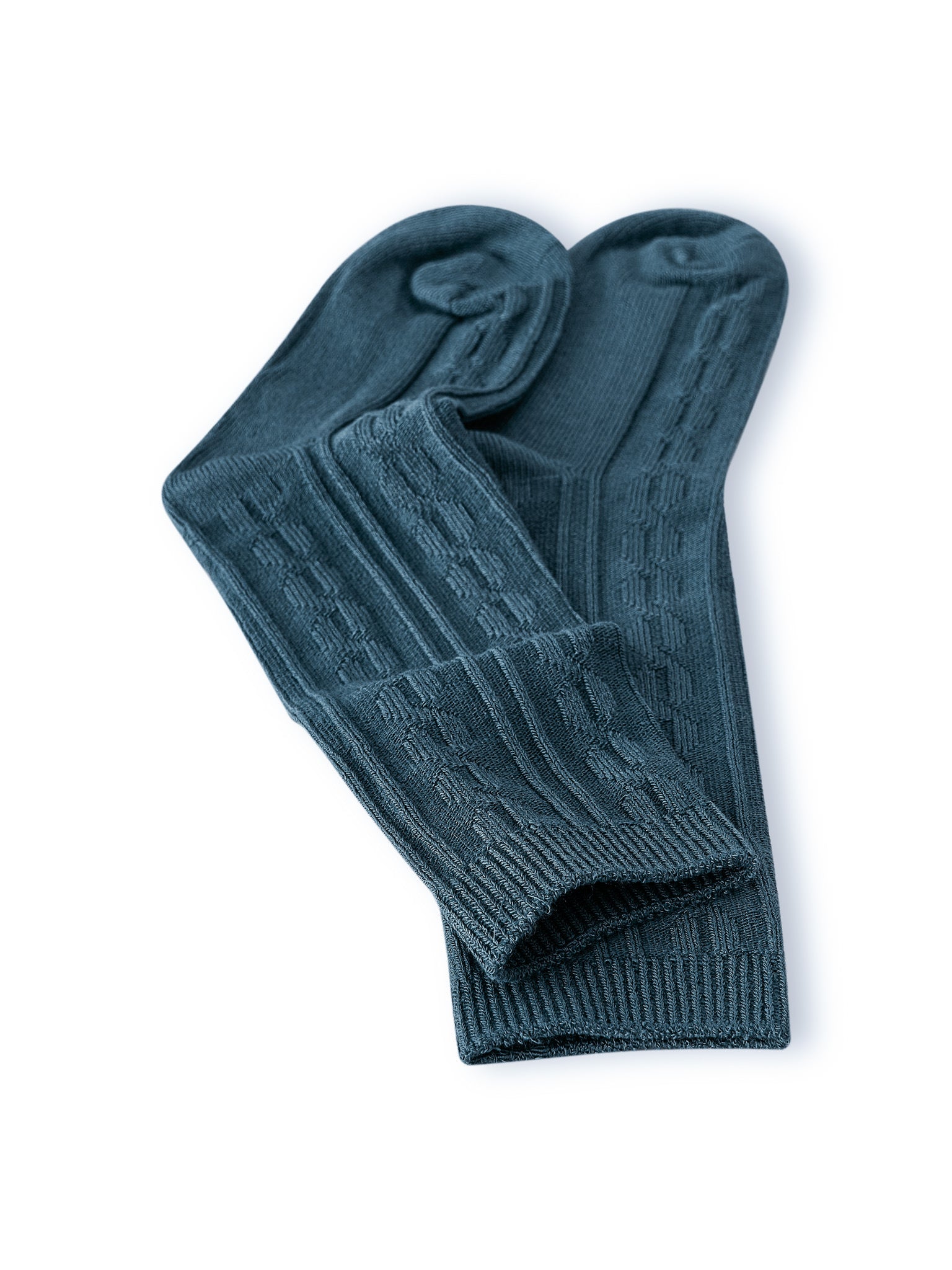 Knee high socks in atlantic laying flat on a white background.