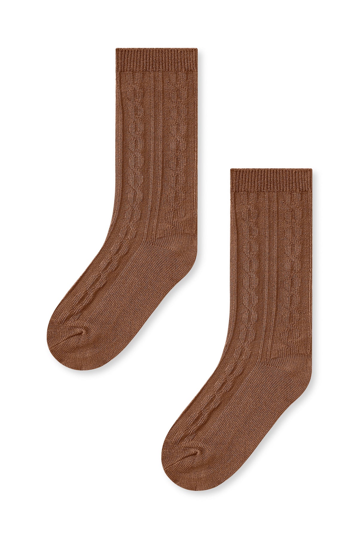 Knee high socks in latte laying flat on a white background.