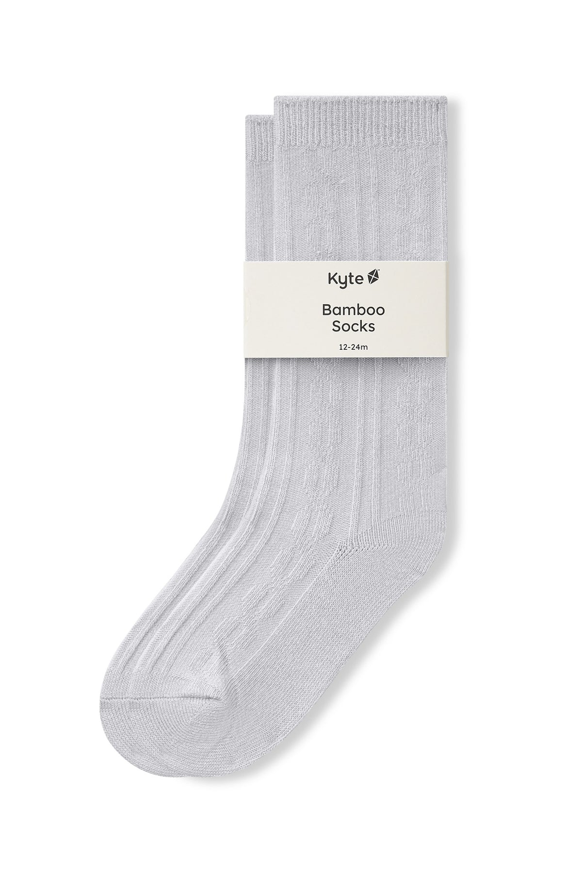 Knee high socks in storm laying flat on a white background.