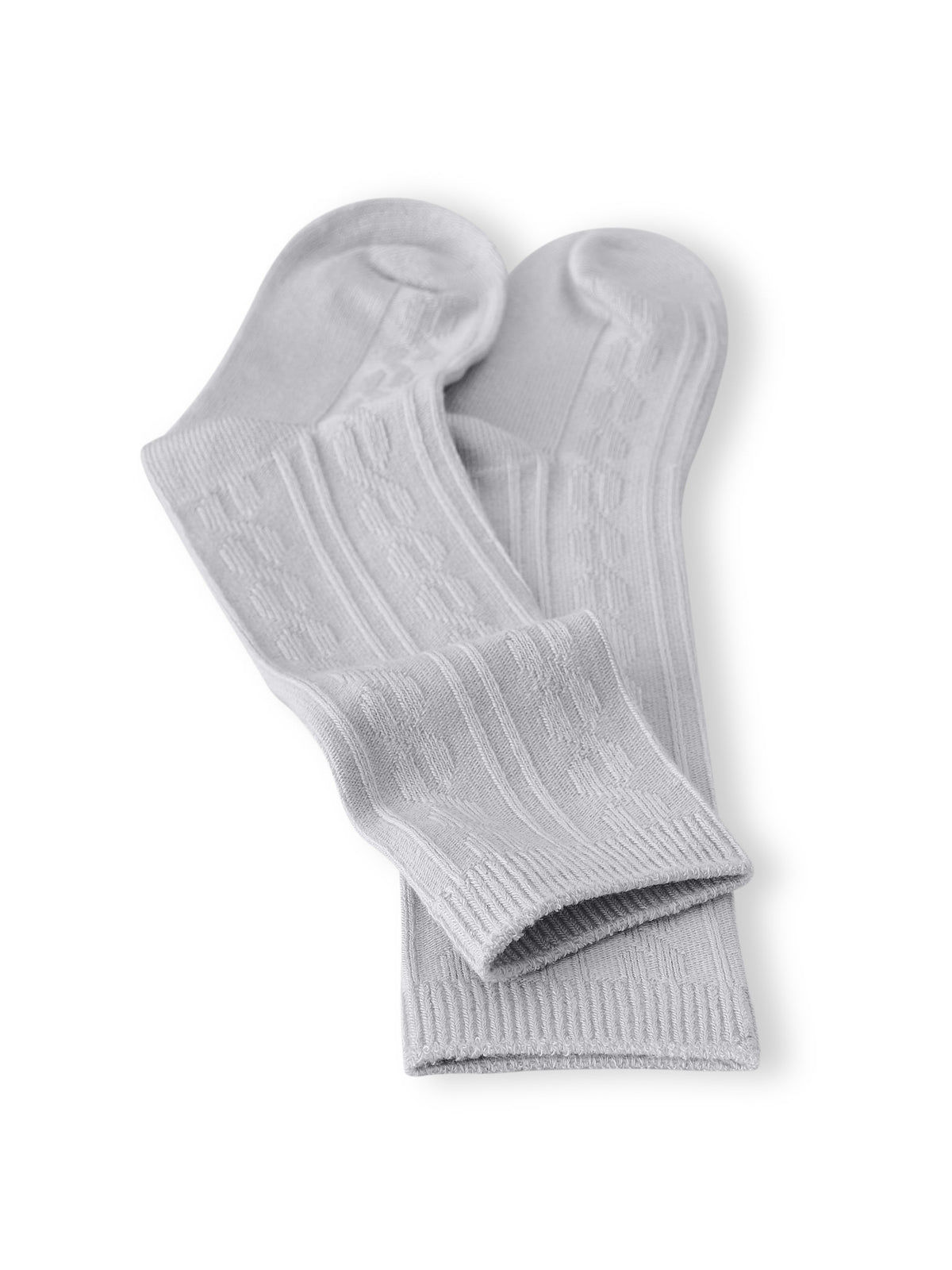 Knee high socks in storm laying flat on a white background.