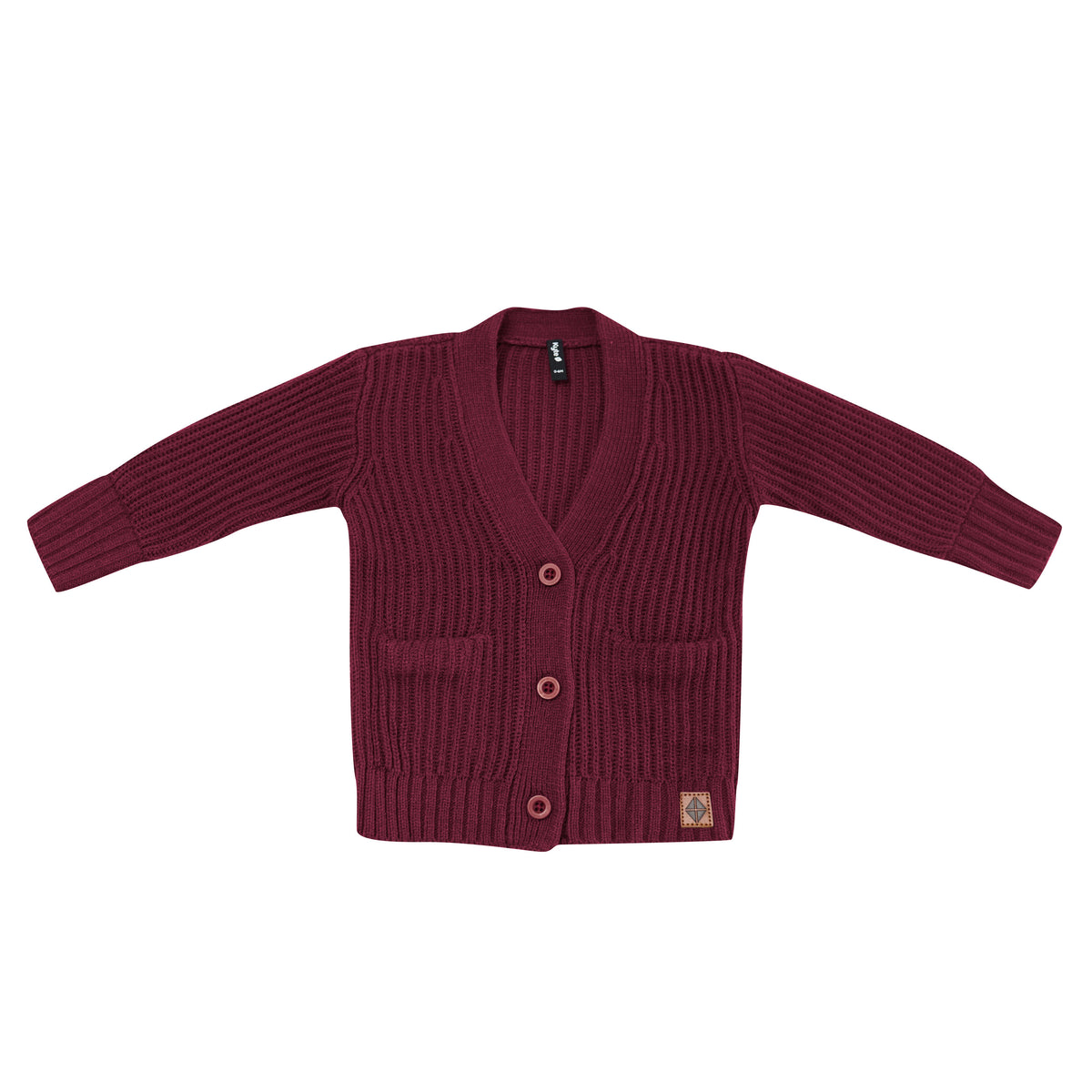 Chunky Knit Oversized Cardigan in Burgundy shown buttoned up with the side pockets and Kye Baby vegan leather tag visible