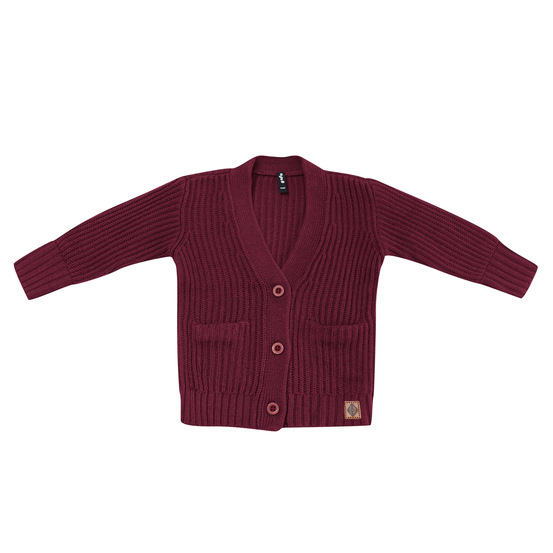 Chunky Knit Oversized Cardigan in Burgundy shown buttoned up with the side pockets and Kye Baby vegan leather tag visible