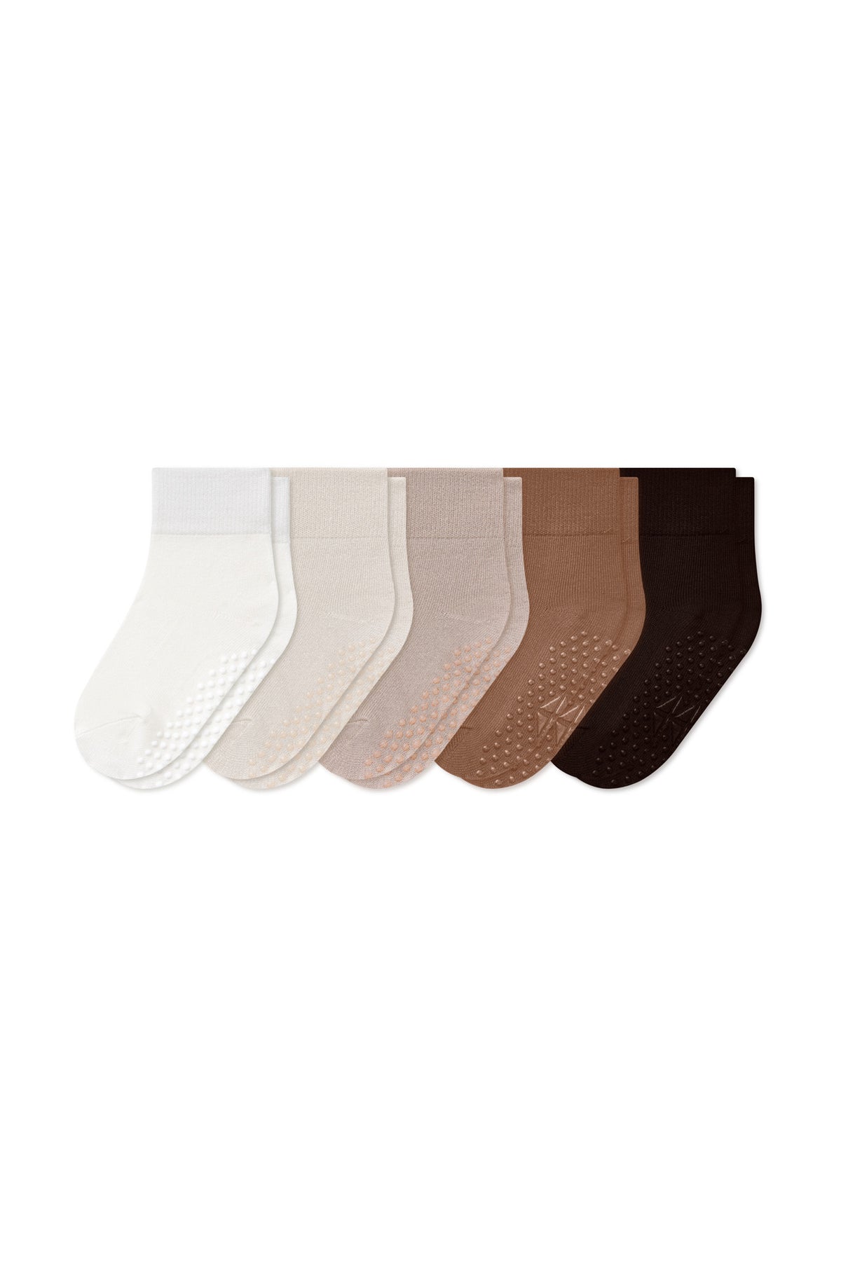 Kyte Baby Quarter Socks 5-Pack in Cafe set includes: Cloud, Oat, Bisque, Latte and Espresso shown on a white background