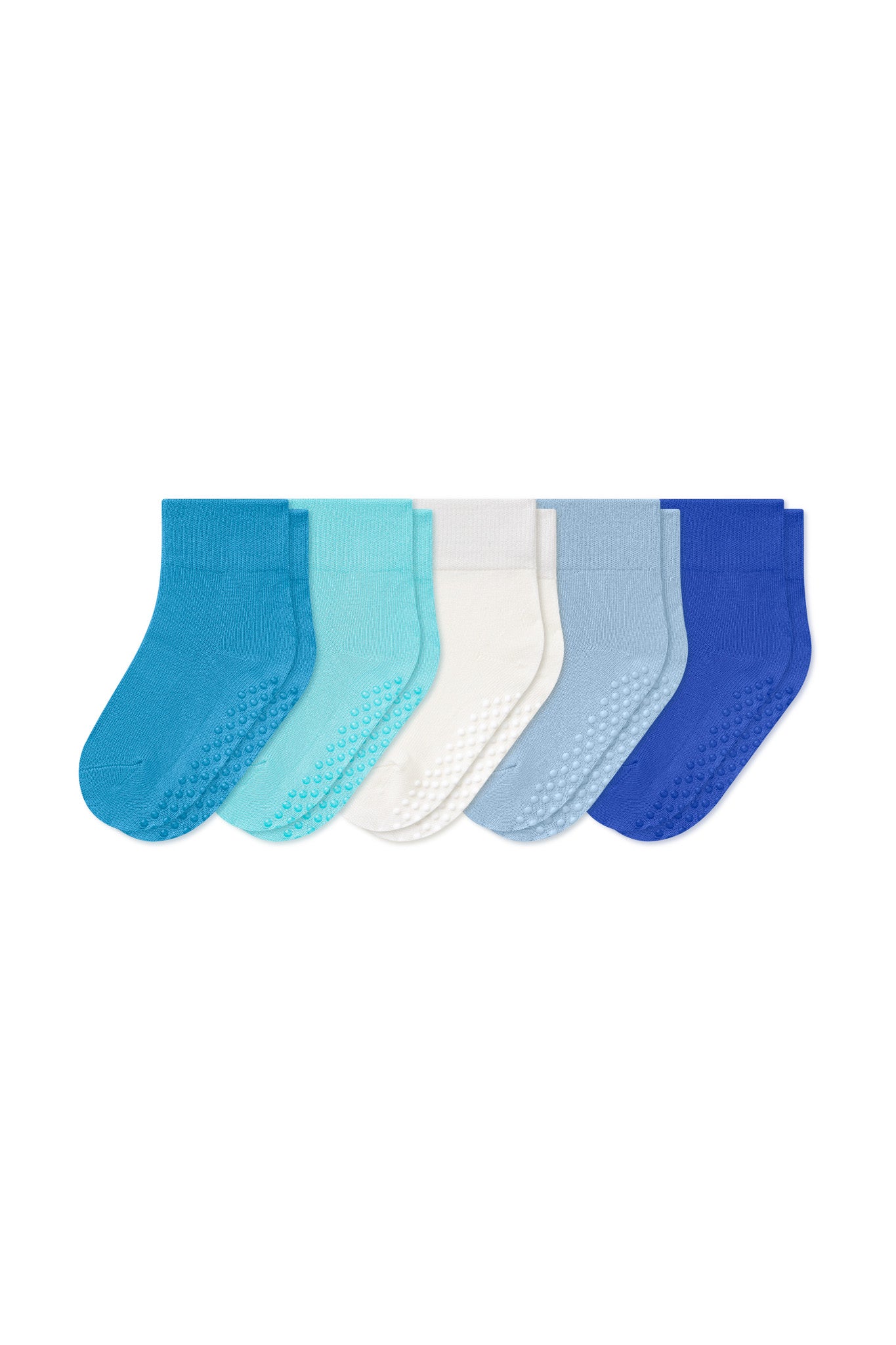 Kyte Baby Quarter Socks 5-Pack in Wave set includes: Lagoon, Robin, Cloud, Breeze and Indigo shown on a white background