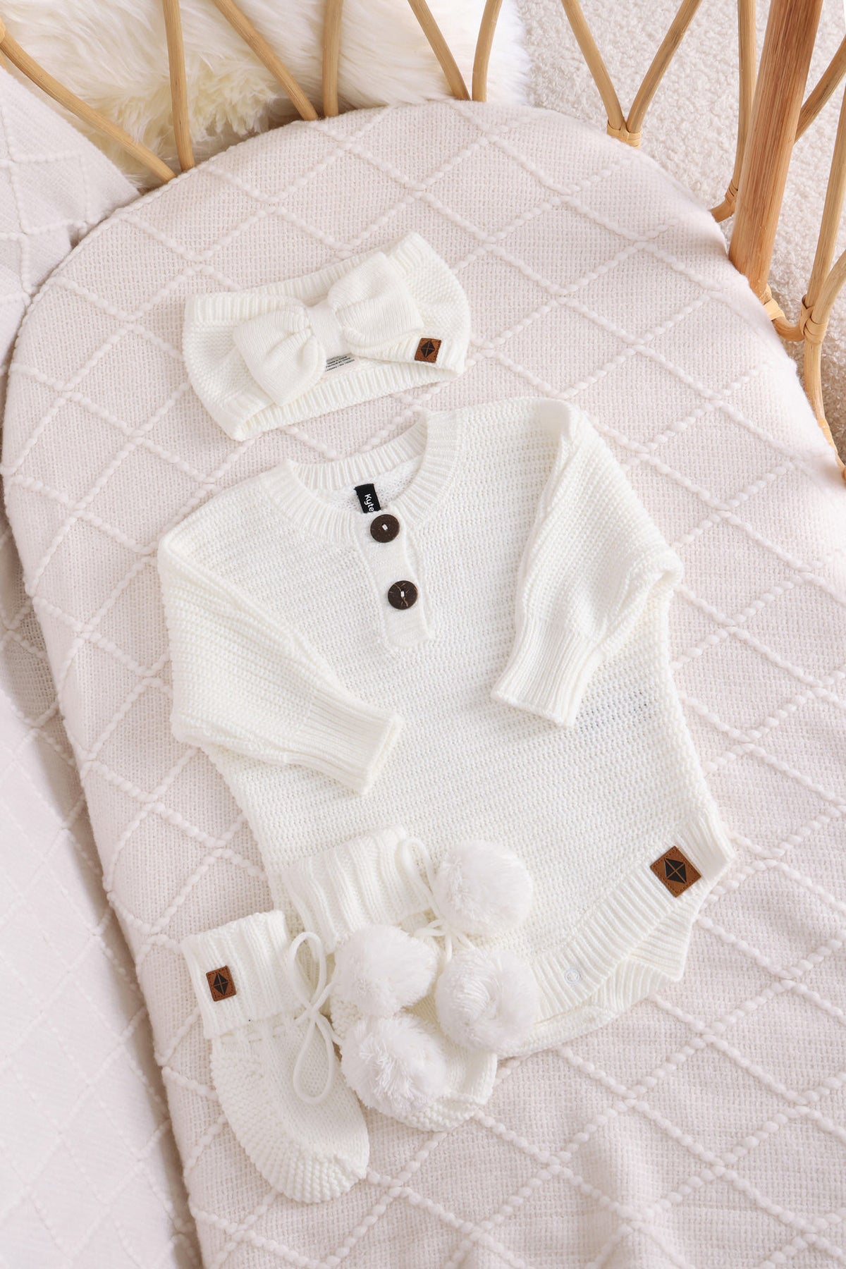 Chunky Knit Romper Set with Bow & Booties in Cloud
