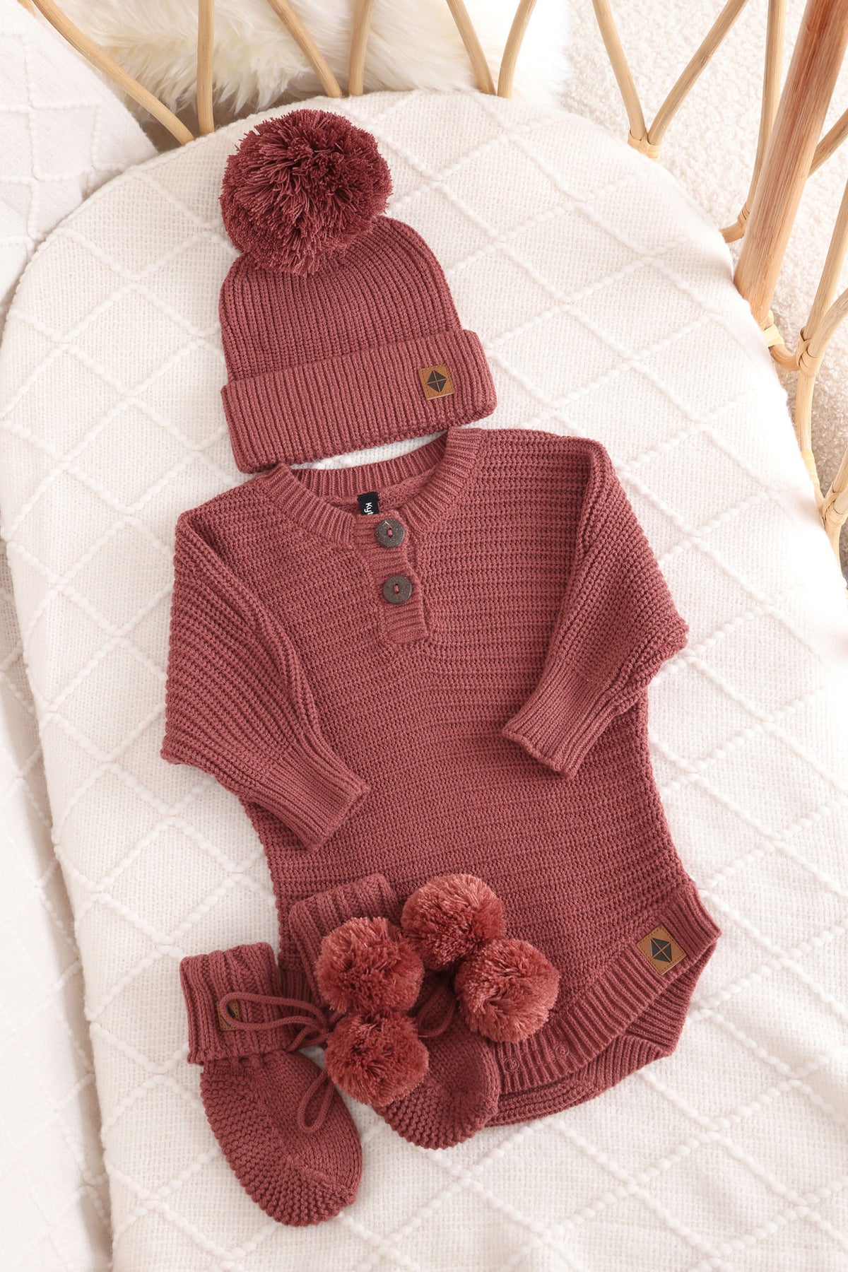 Chunky Knit Romper Set with Beanie & Booties in Ember