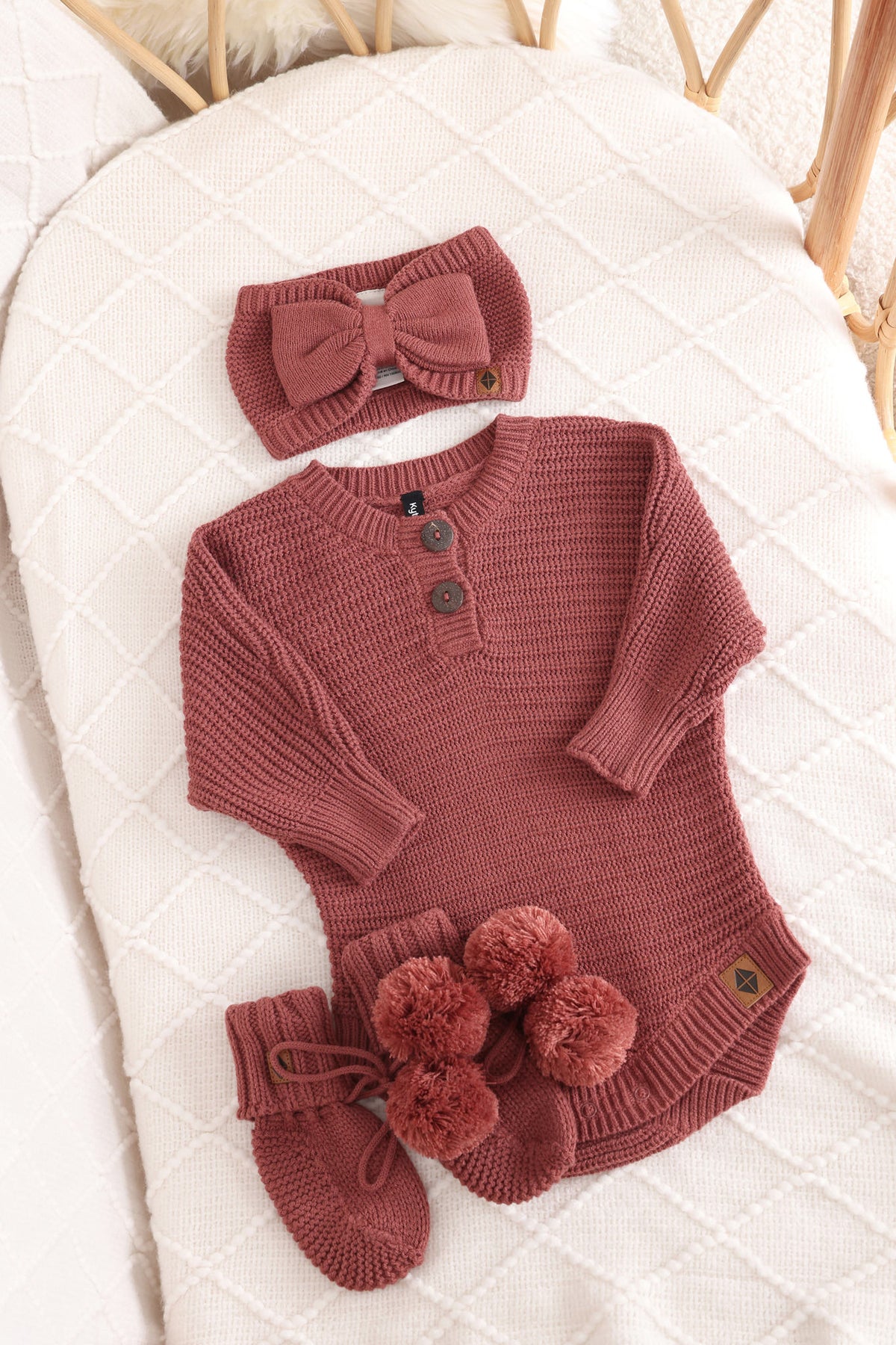 Chunky Knit Romper Set with Bow & Booties in Ember