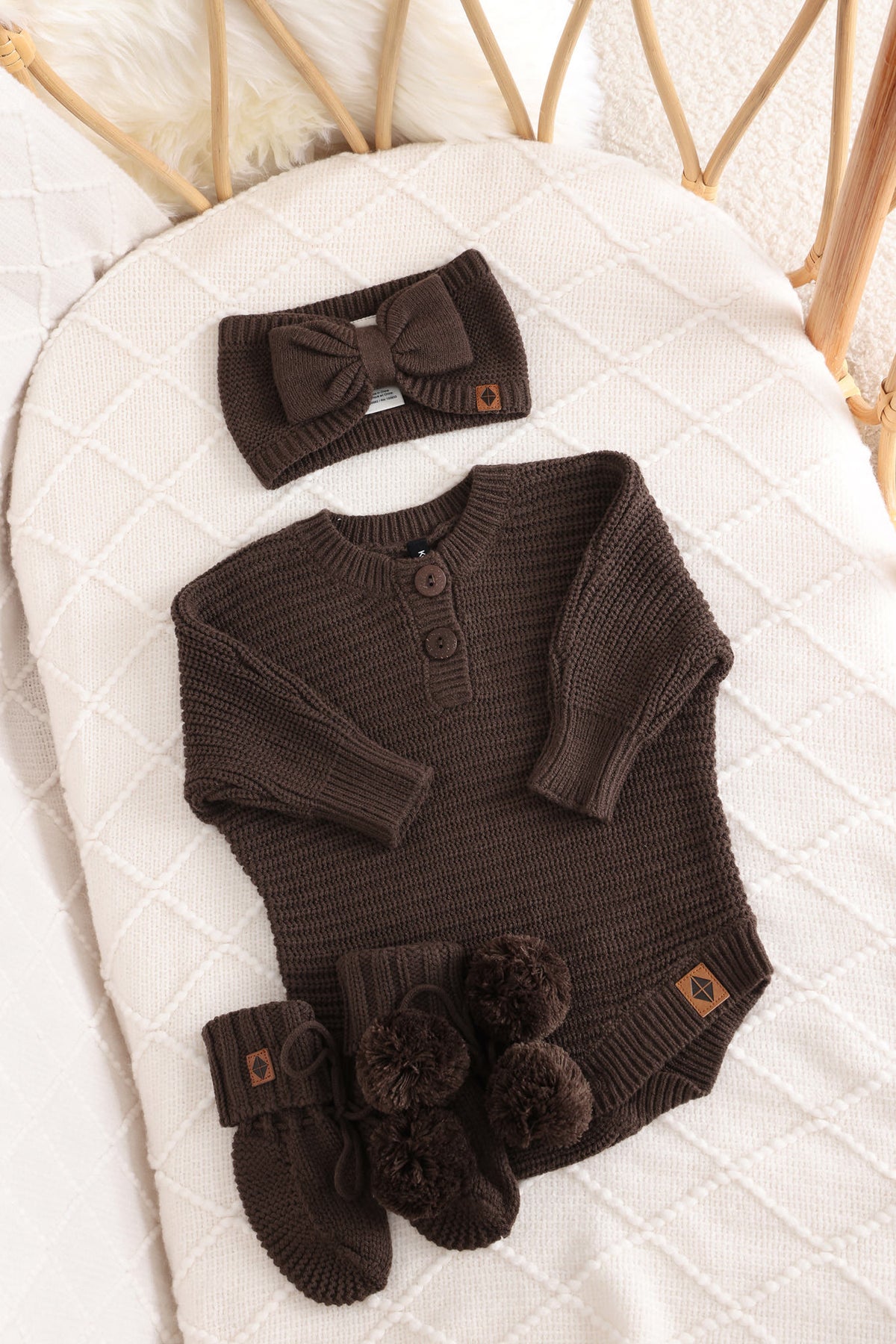 Chunky Knit Romper Set with Bow & Booties in Espresso