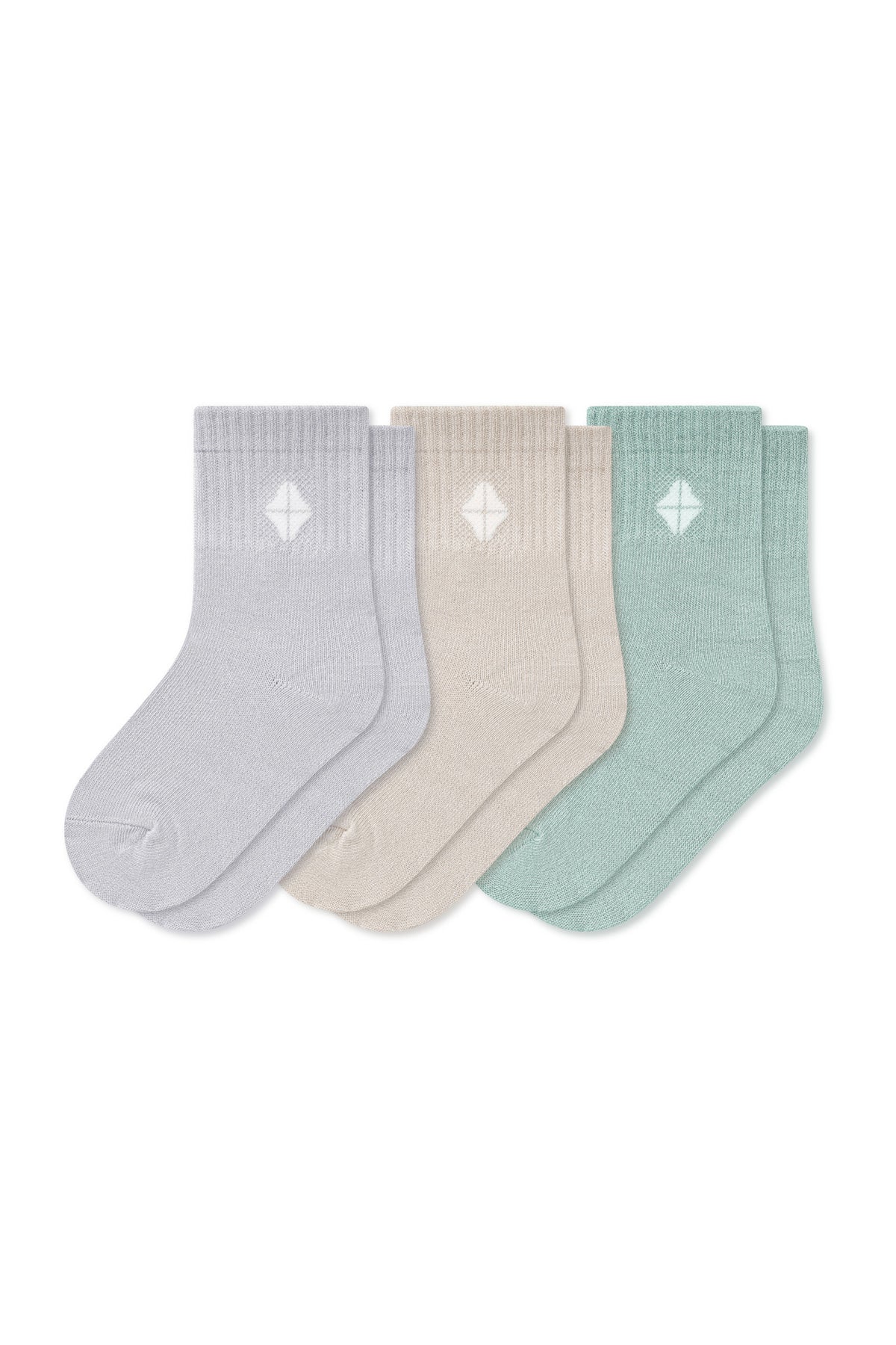 Crew Socks Combo 3-Pack in Oat, Storm, and Sage laying flat on a white surface.