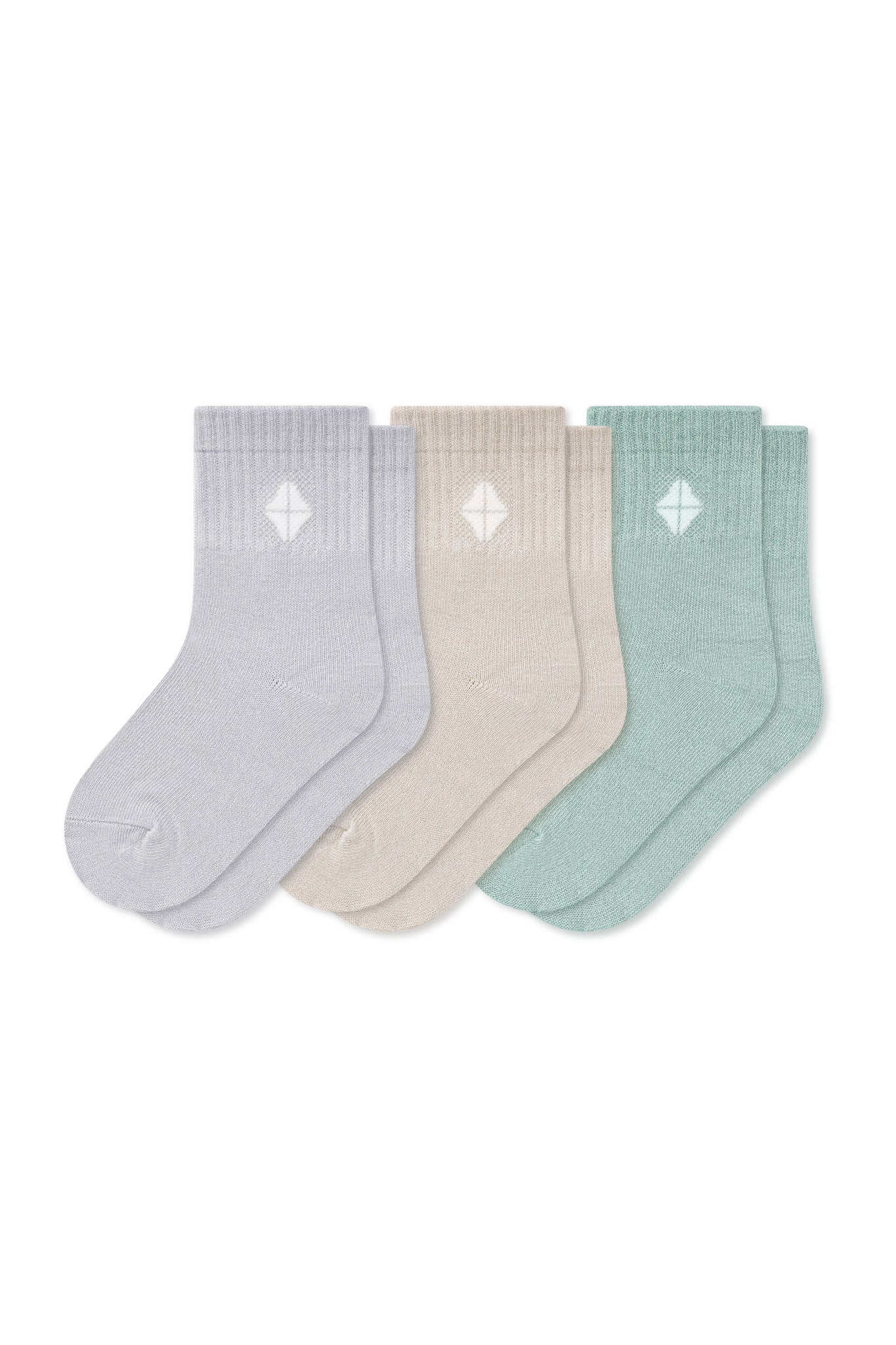 Crew Socks Combo 3-Pack in Oat, Storm, and Sage laying flat on a white surface.